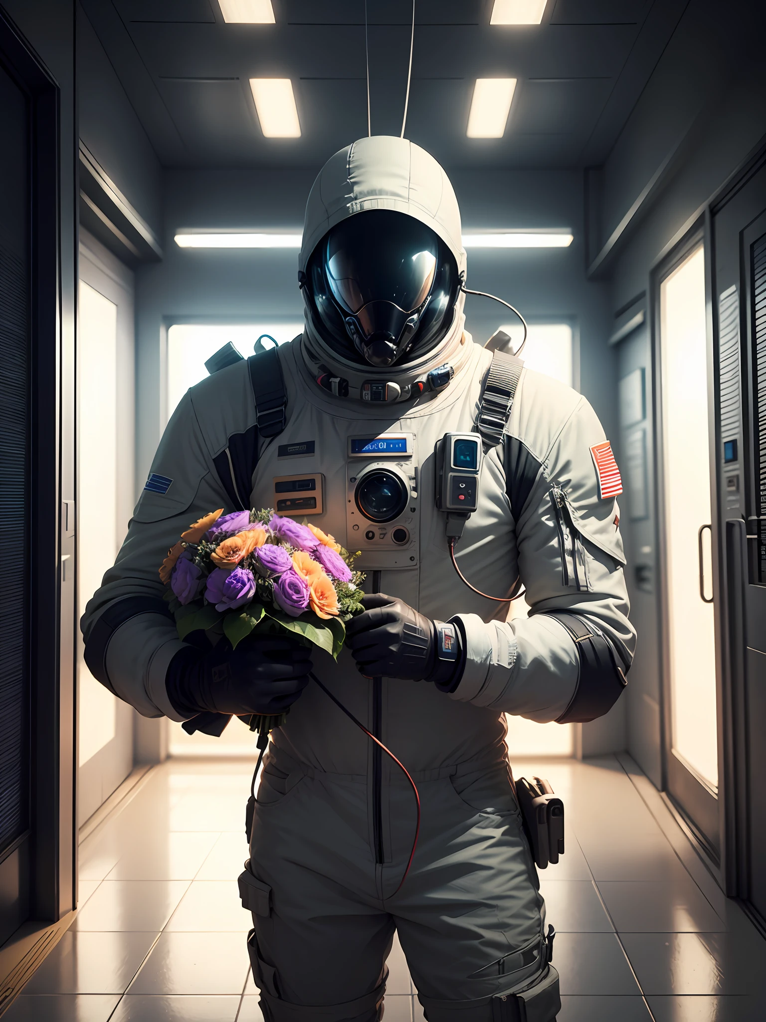 70s interior simulation photo portrait, silly man in spacesuit, 70s aesthetic, lack of light, bouquet of flowers, warm light, sci-fi, blade runner, alien, hanging cable, glowing lights, high-tech, surreal, masterpiece, extremely detailed, clear focus, 8k, illustration, artstation, art by Liam Wong