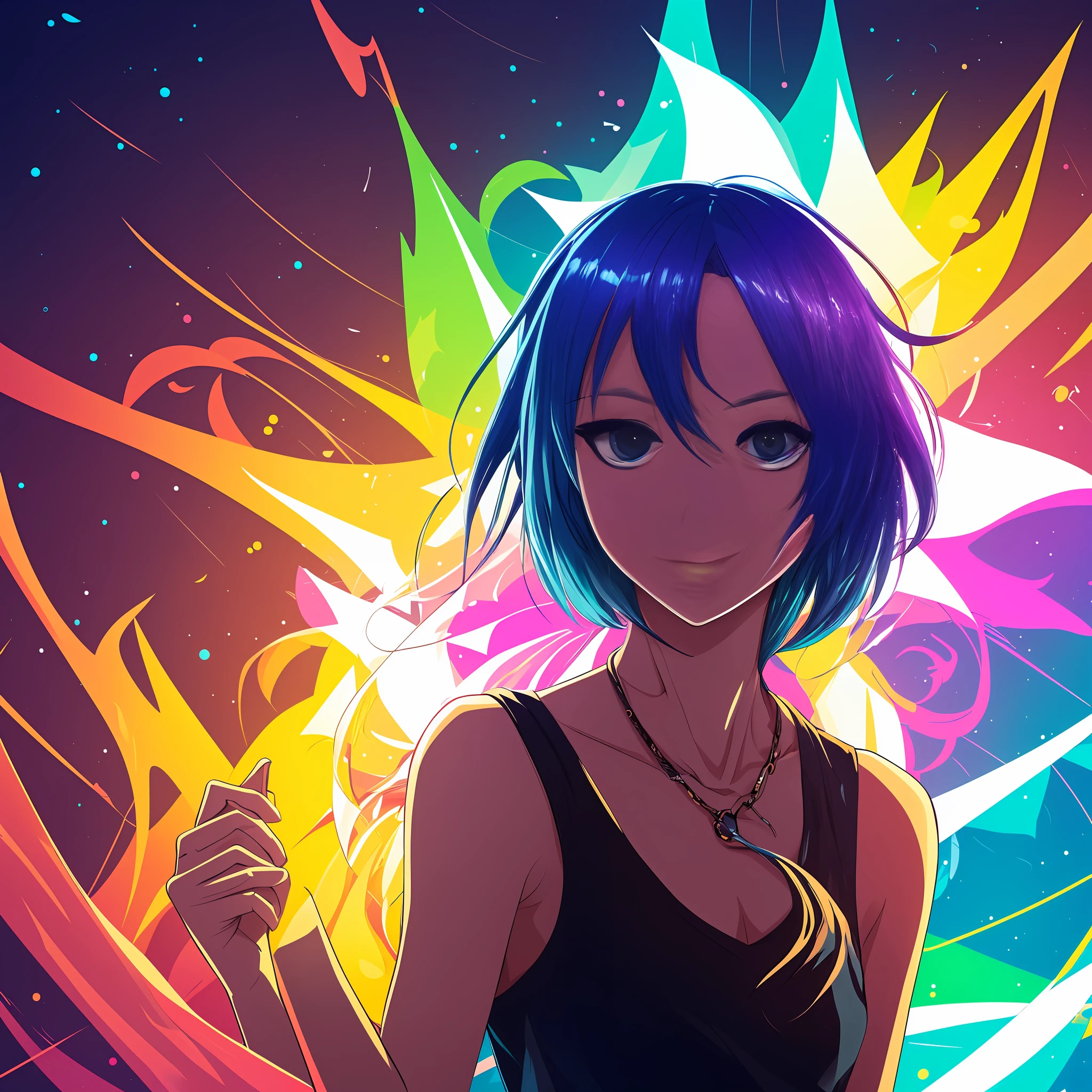 Short hair girl avatar，neons，Random background，the night，Text wrapping，Poster style，4k高清，toplight，Brilliant colors，tmasterpiece，Colored spots of light fall on the hair，looking to the right，Immaculate，Bucket back sword --auto