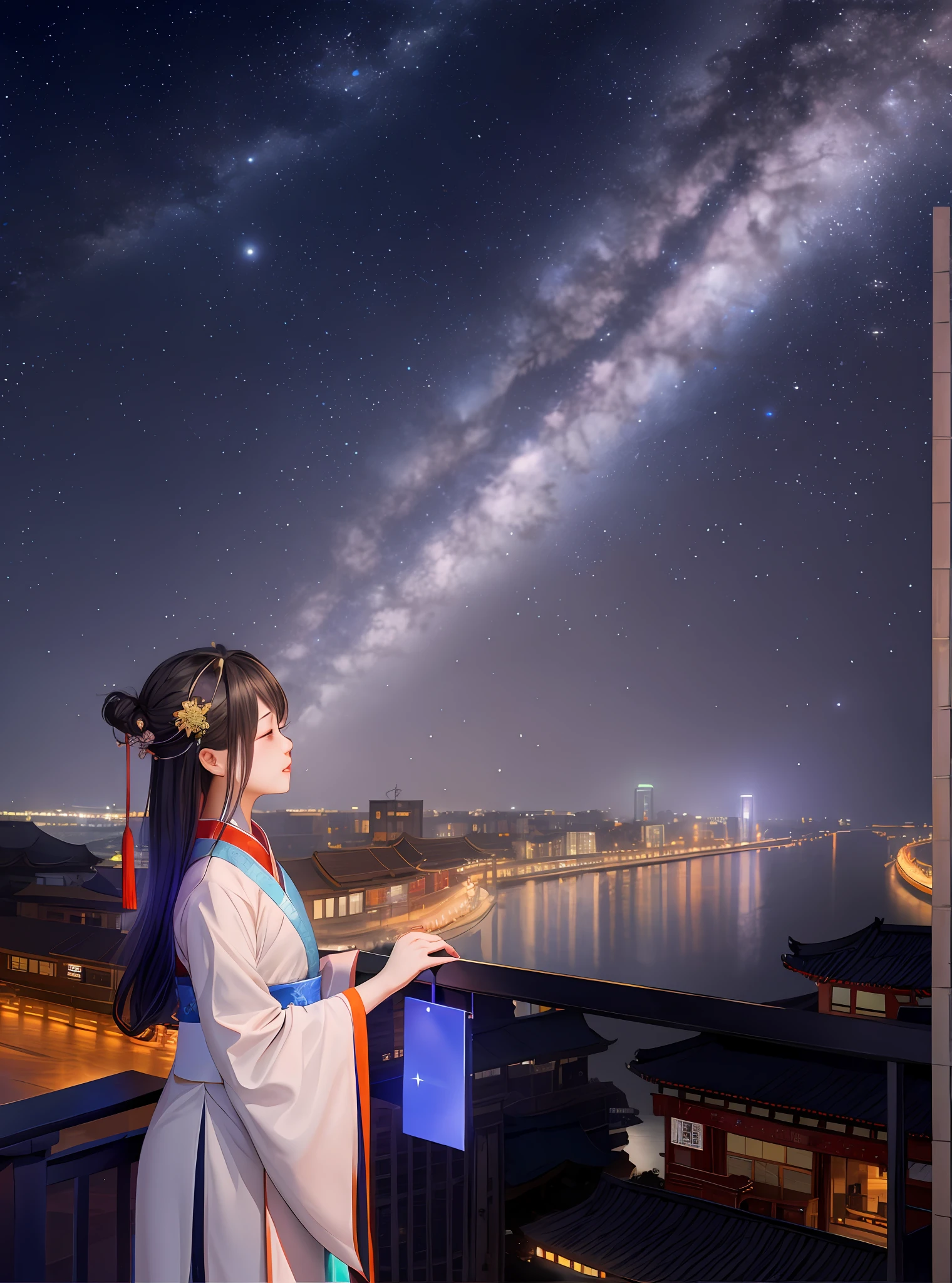 Night view of Changsha,Glittering starry sky,A Hanfu girl looking at the sky,Colorful lights,Back Shadow,Extreme HD
