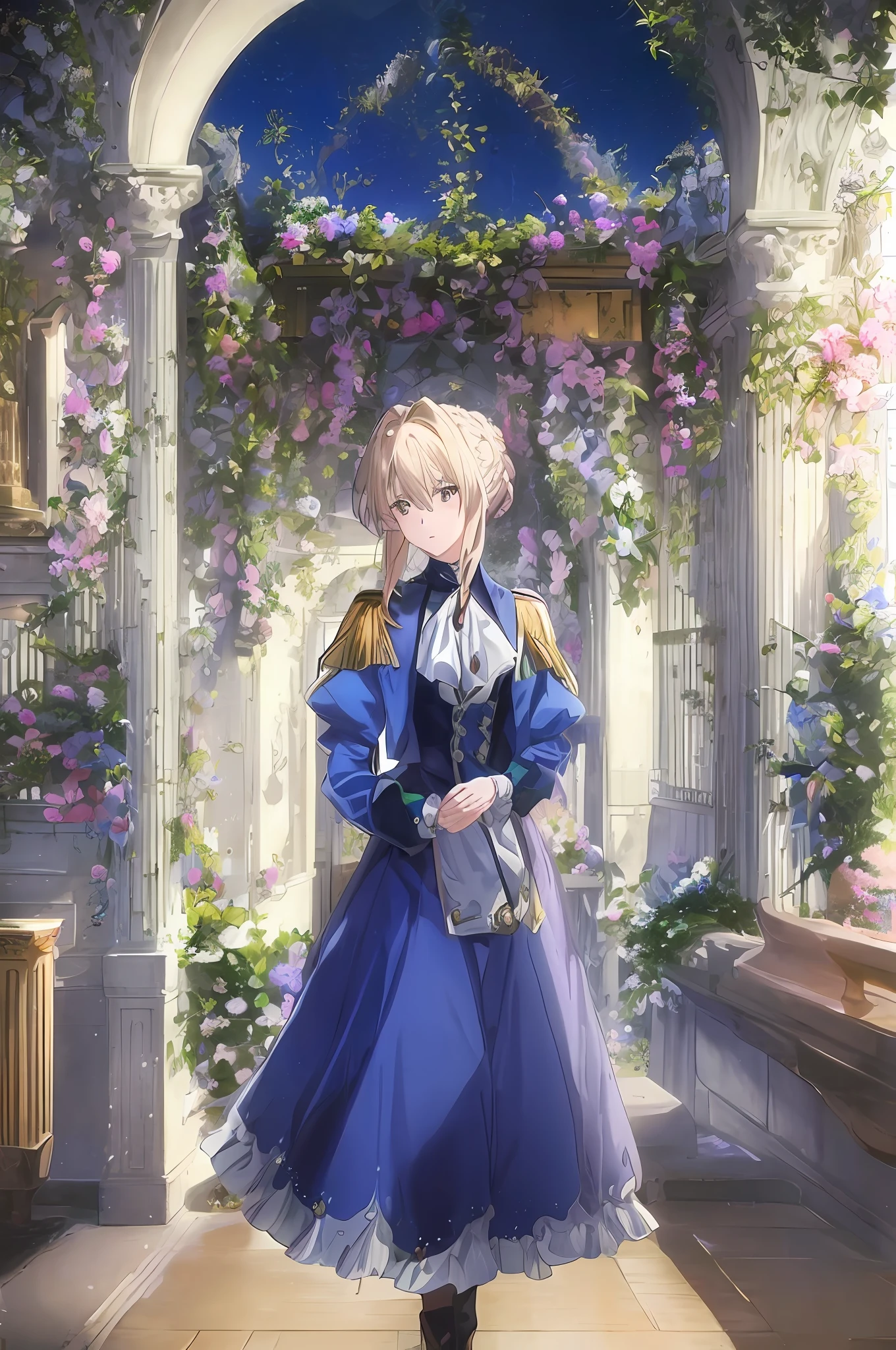 anime girl in blue dress standing in front of a doorway, Violet Evergarden, Artoria Pendragon, Kushatt Krenz Key Art Women, Anime visually elegant, Li Qishi style, Lori wears a skirt, fate grand order, blond-haired princess, high detailed official artwork, Fateful anime style, Hand redraw。