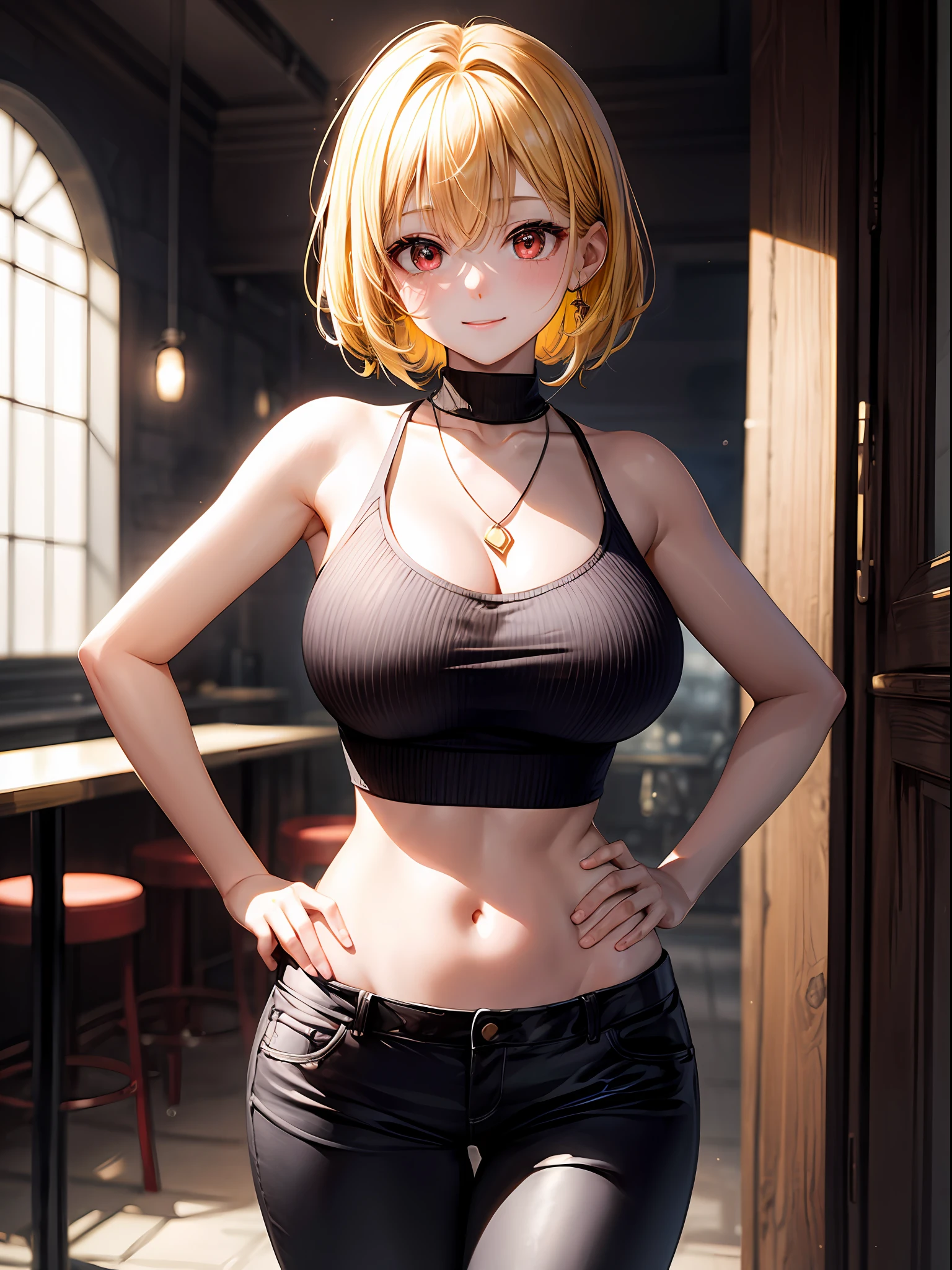 beste-Qualit、1girl in:1.5,Yellow hair、Shorthair、Red Eyes、Pink blush color under the eyes、petite physique、Red cheeks、a smile、a necklace、Black sweater、Big breasts with shoulders out:1.1,Navel out with open chest、、Black Skinny Pants、View here、Angle from diagonally above、Put your hands on your hips:1.3、Dim lighting、empty of people、bars、Background blur