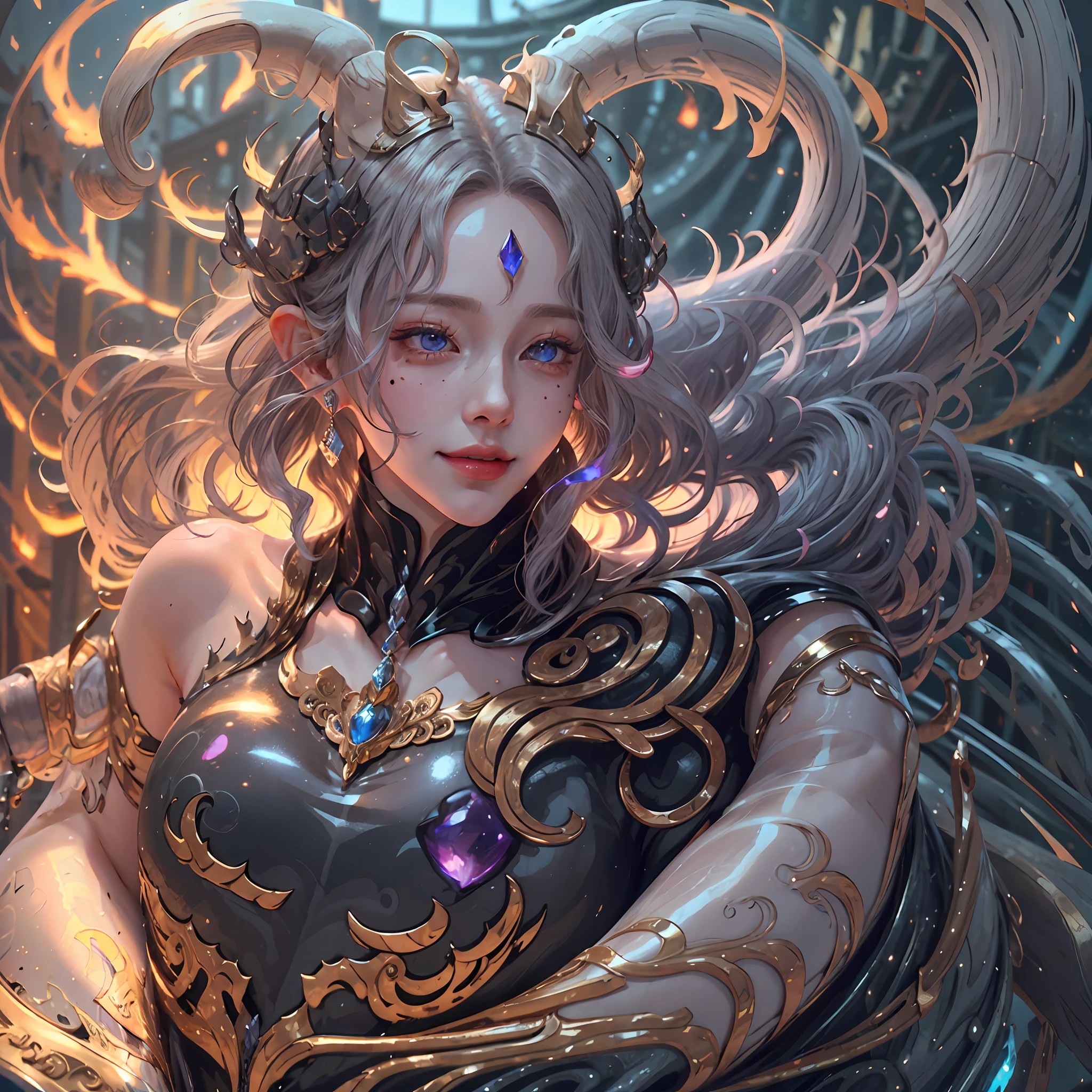 Black hair, Silver hair, Long hair, hair splayed out, Moles under eyes, Crystal earrings, Smile, surrealism, character sheets, Sony FE GM, angle of view, anaglyph, Modern, 8K, Super detail, The ultra -The high-definition, The ultra -The high-definition, 16k ,Full body photo, --auto