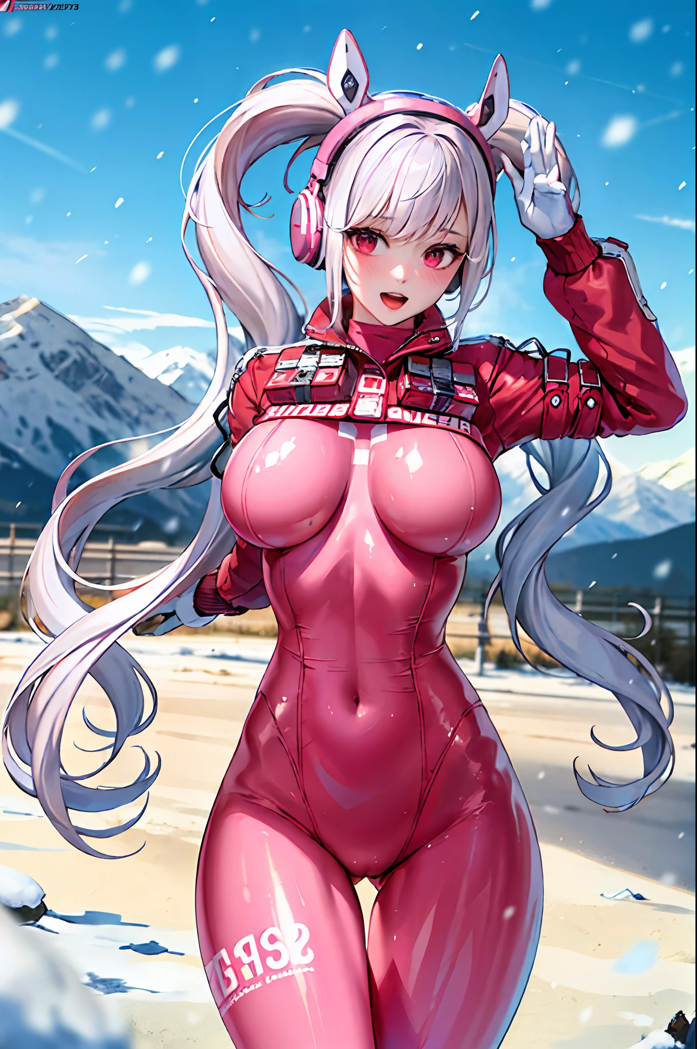 (RAW photo, best quality, masterpiece:1.2), (realistic, photo-realistic:1.4),(masterpiece:1.4),(best quality:1.4),1girl, solo, :d, animal ear headphones, animal ears, arms up, bangs, blush, bodysuit, , bunny pose, clothes writing, covered navel, cowboy shot, cropped jacket, fake animal ears, gloves, outdoor,morning,snow, hair intakes, headphones, impossible bodysuit, impossible clothes, jacket, large breasts, latex bodysuit, long hair, long sleeves, looking at viewer, large breasts, multi gloves, open mouth, pink bodysuit, pink eyes, red eyes, red jacket, shiny clothes, shrug \(clothing\), sidelocks, skin tight, smile, thigh gap, thighs, twintails, very long hair, white gloves, white hair,alice \(nikke\),(shiny skin),realistic,