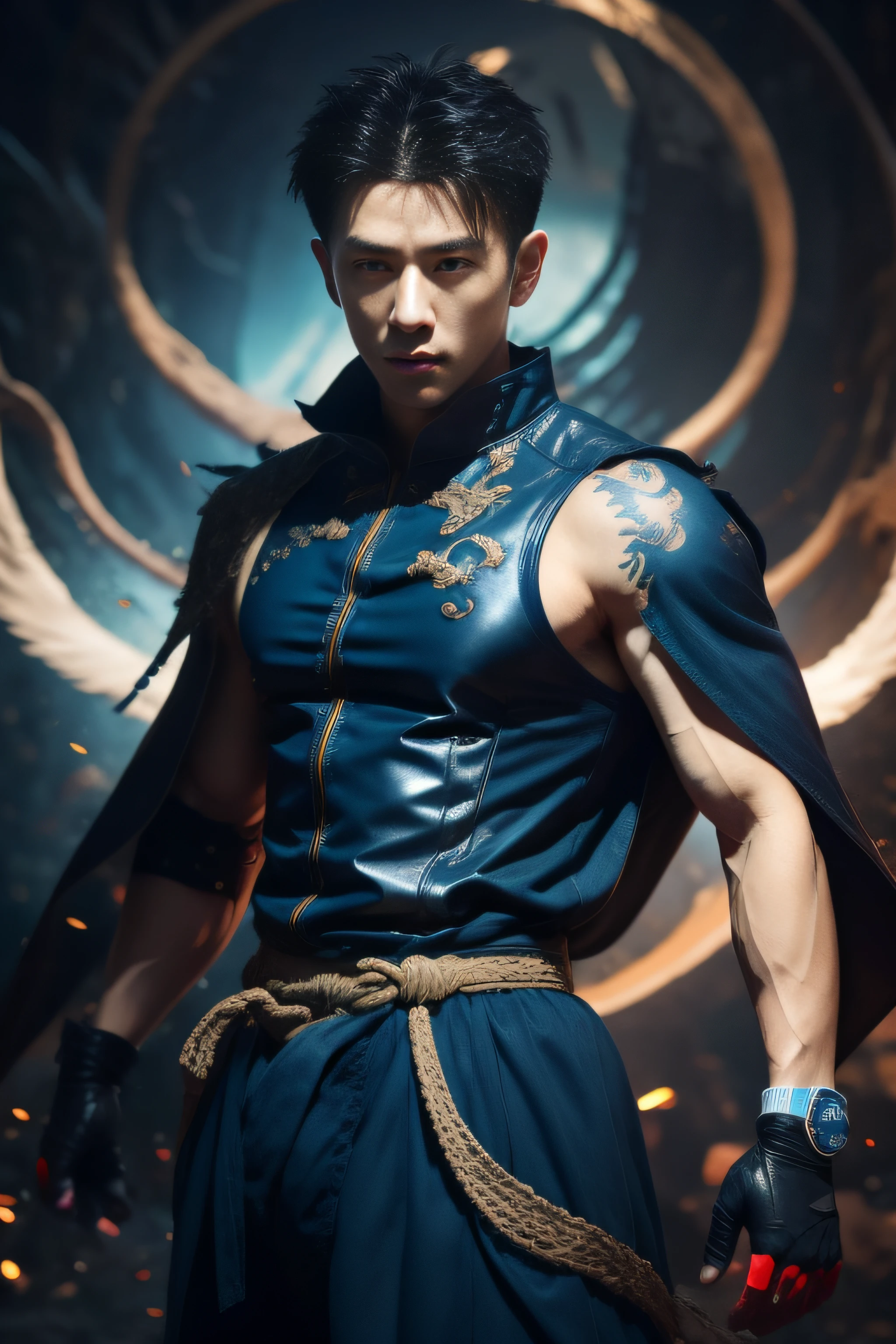 Handsome guy, 25 years old, Asian, master work, best picture quality, higher quality, high detail, super high resolution, (realistic: 1.4) 8k resolution, delicate facial features, boys, big muscles, tattoos, glowing eyes, short hair, black hair, hair details, (full body: 0.6), detailed background , [[Look away, look to the side, emphasize homosexuality and pay attention to every detail , open Hanfu transparent tulle jacket, pubic hair, white rubber pants, circling dragon, Chinese courtyard background (crotch bulge), thunder, ((((Blue Thunder))))) Blue Thunderbolt, Fa Gong, Wind and Thunder Technique, Chinese Kung Fu, Fingerless Gloves, Wristband, Dragon Theme Costume, Monk Robe, Rotating Floating Particles, Dynamic Composition, Heavy Rain Background, Very Many Thunder and Lightning Flashing, Black Background at Night