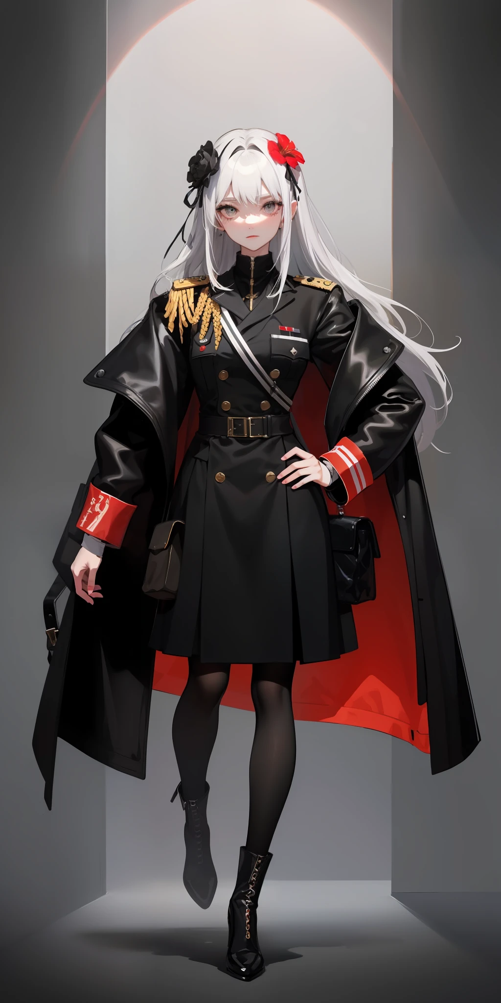 1girll,white color hair,Wear a black flower on your head,Wearing a black gauze tights,Wear a black wristband,Black lace-up heels,Wearing a black military uniform overcoat,The inside of the coat is red,perfectly proportioned, Cinematic lighting, filmgrain, Fujicolor, lightand shade contrast, 8K, 巨作, Textured skin, Super detail, hoog detail, High quality, A high resolution,