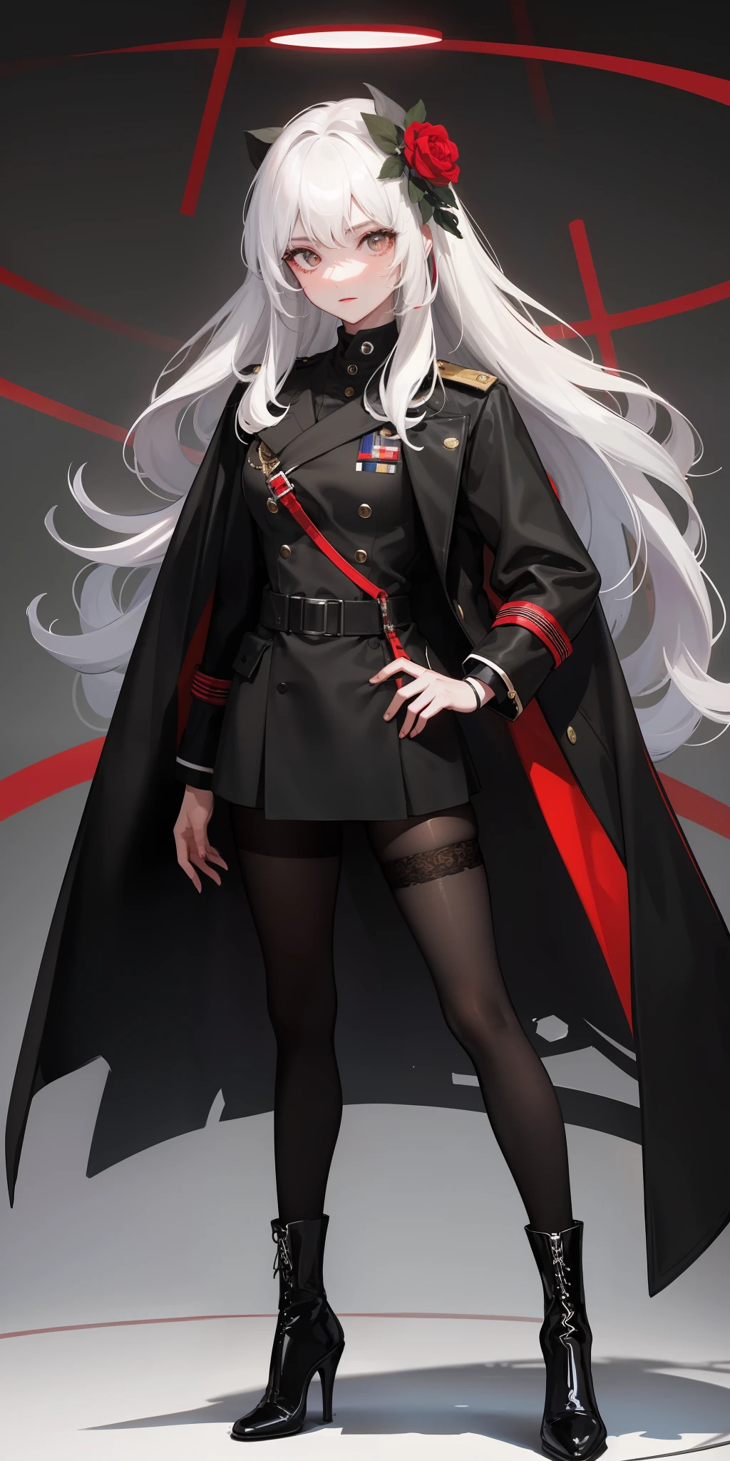 1girll，white color hair，Wear a black flower on your head，Wearing a black gauze tights，Wear a black wristband，Black lace-up heels，Wearing a black military uniform overcoat，The inside of the coat is red，perfectly proportioned, Cinematic lighting, filmgrain, Fujicolor, lightand shade contrast, 8K, 巨作, Textured skin, Super detail, hoog detail, High quality, A high resolution,