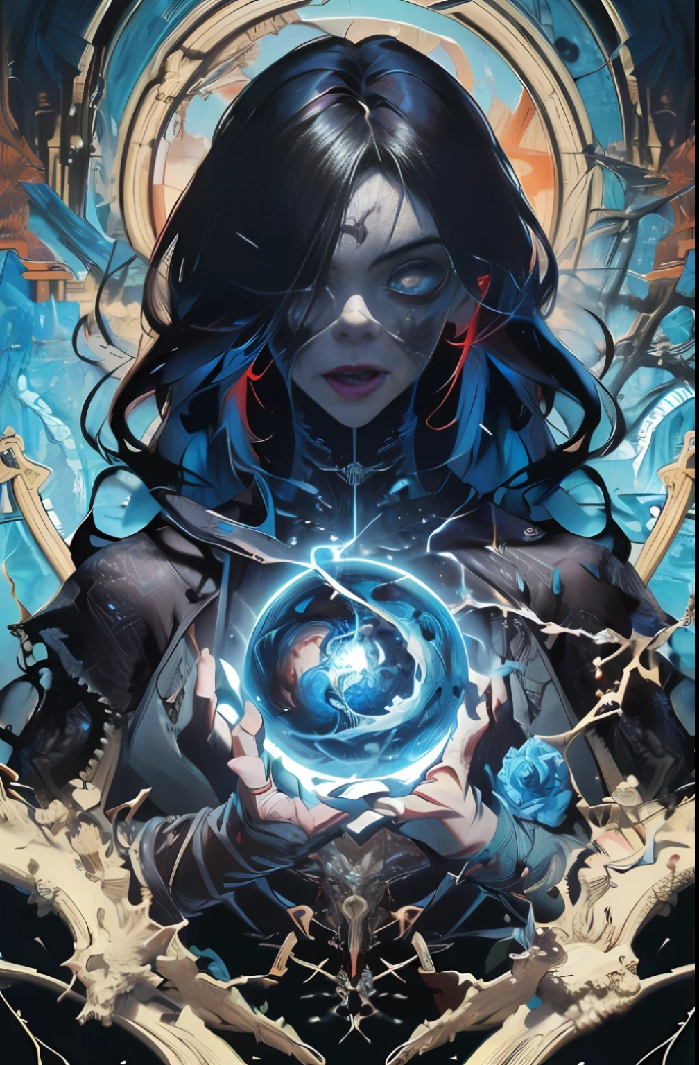 (absurdres, highres, ultra detailed), 1girl, solo, extremely detailed eyes, (official art, beautiful and aesthetic:1.2), (dark art,erosion,fractal art :1.3), colorful, horror,highest detailed