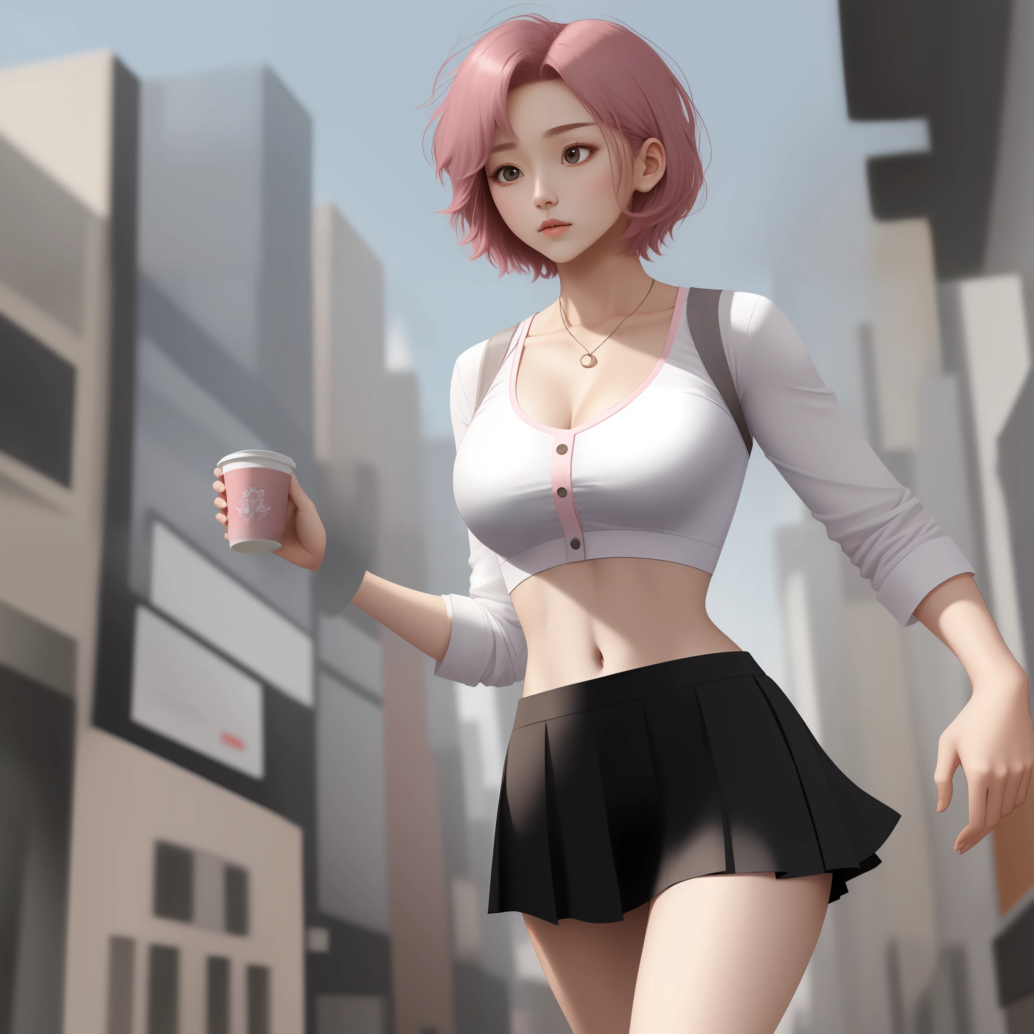 JK skirt, short hair, large chest, thin waist, pink
