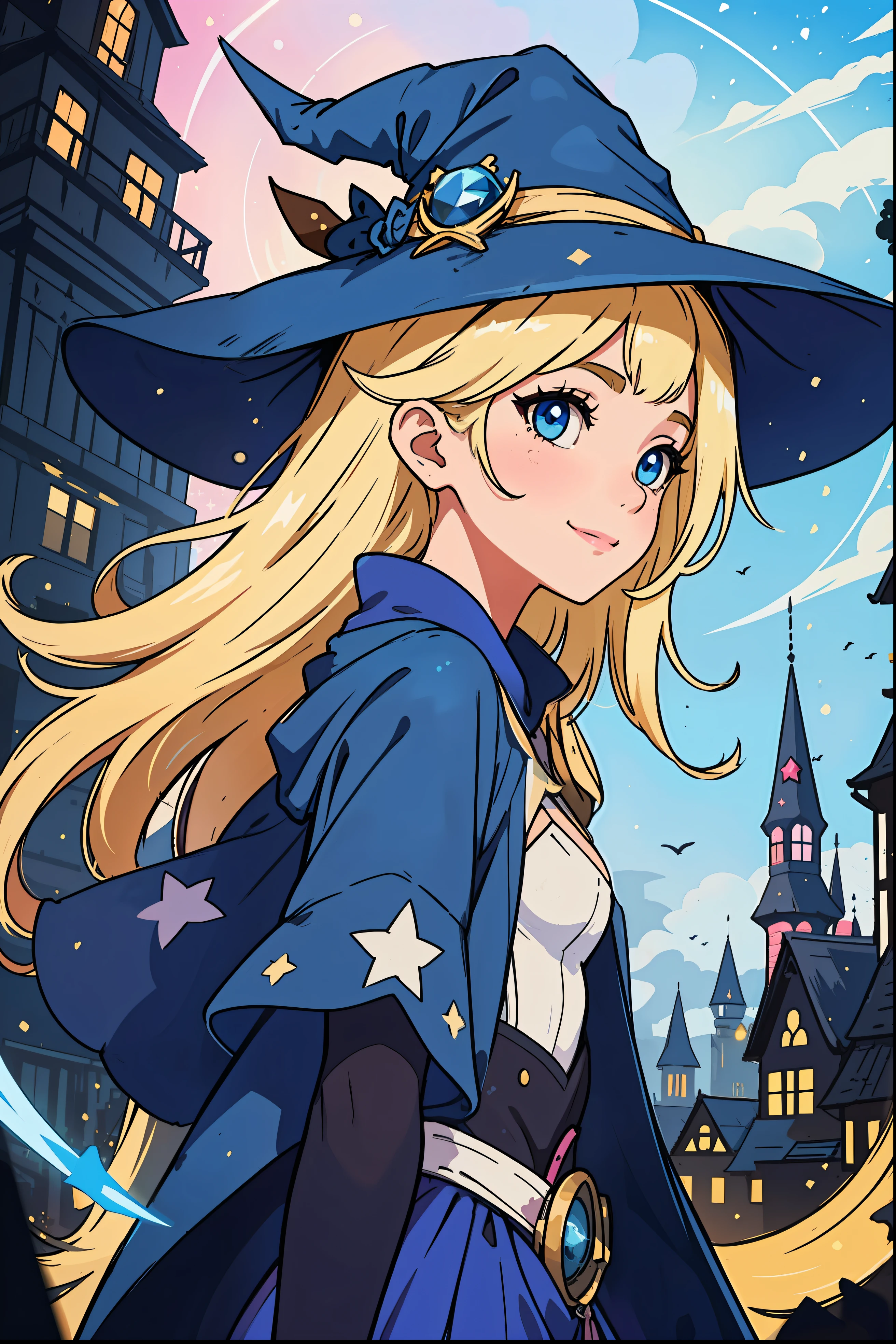 The perfect masterpiece,Highest quality,Perfect artwork,8K,Upper Body Lens,front portrait,Delicate face,Face Close-up,Watching the audience, Wizard apprentice girl,(pointy royal blue witch hat:1.3),(white star print on hat:0.8),Magical transparent eyes,(dirty blonde hair:1.2),(young:1.4),(small breasts:1.3),large eyes,happy,warm smile,slender,slim build,thin waist,(💖:1.3),Digital Art,plane illustrations,colorful illustration,minimalist style,anime cartoon style,glowing magical effects, fantasy city background