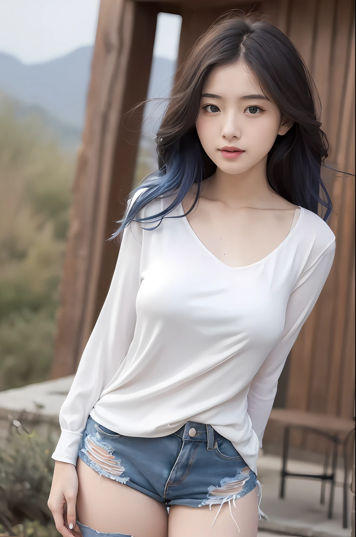 （（realistic raytraicing，best qualtiy，8K，tmasterpiece：1.3）），1girll，Little moles under the eyes，ssmile，，Pretty woman with slender figure：1.4，Abs：1.1，Korea，paleskin，（Floating wavy silk blue hair，Breezy hair，Big_Breasts：1），White color blouse：1.2，Long sleeved，（The skin：1.3），standingn，Mountain night， campfire light， Super delicate face， finely-detailed eyes， 二重まぶた， shiny skins， cowboy lens，（Wear denim super shorts，Wear long black stockings：1.2）
