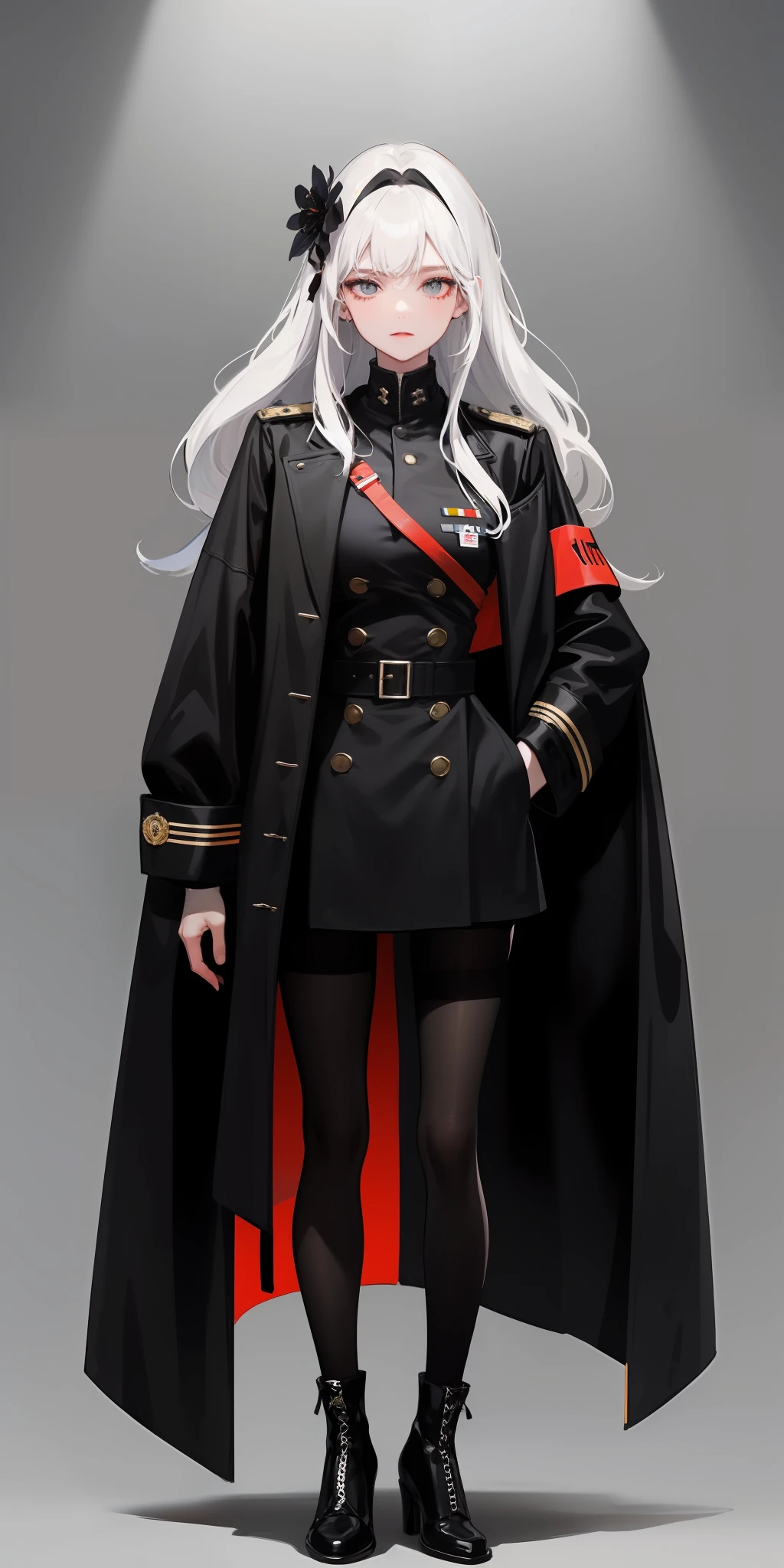 1girll,white color hair,Wear a black flower on your head,Wearing a black gauze tights,Wear a black wristband,Black lace-up heels,Wearing a black military uniform overcoat,The inside of the coat is red,perfectly proportioned, Cinematic lighting, filmgrain, Fujicolor, lightand shade contrast, 8K, 巨作, Textured skin, Super detail, hoog detail, High quality, A high resolution,