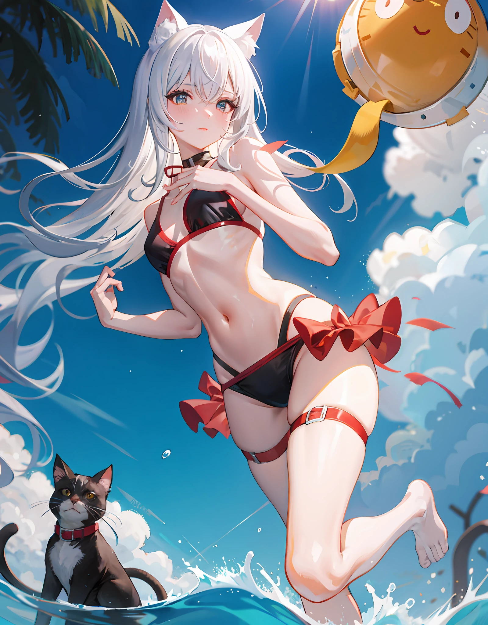 White hair，hugetits，Two-dimensional，red pupils，cat ear，Bikini swimwear，shylily，Hands on the chest，chiquita，coda，Be red in the face，blindfolds，solo person，Stand on one foot，Briefs，swim wears，