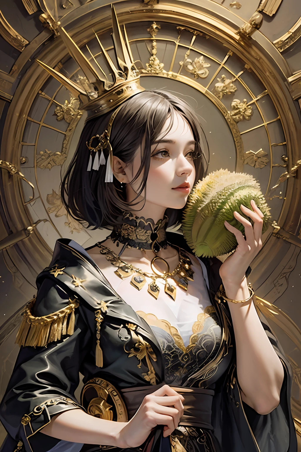 (masterpiece, top quality, best quality, official art, beautiful and aesthetic:1.2), (1girl holding durian), extreme detailed,colorful,highest detailed, official art, unity 8k wallpaper, ultra detailed, beautiful and aesthetic, beautiful, masterpiece, best quality, (zentangle, mandala, tangle, entangle) ,holy light,gold foil,gold leaf art,glitter drawing, PerfectNwsjMajic