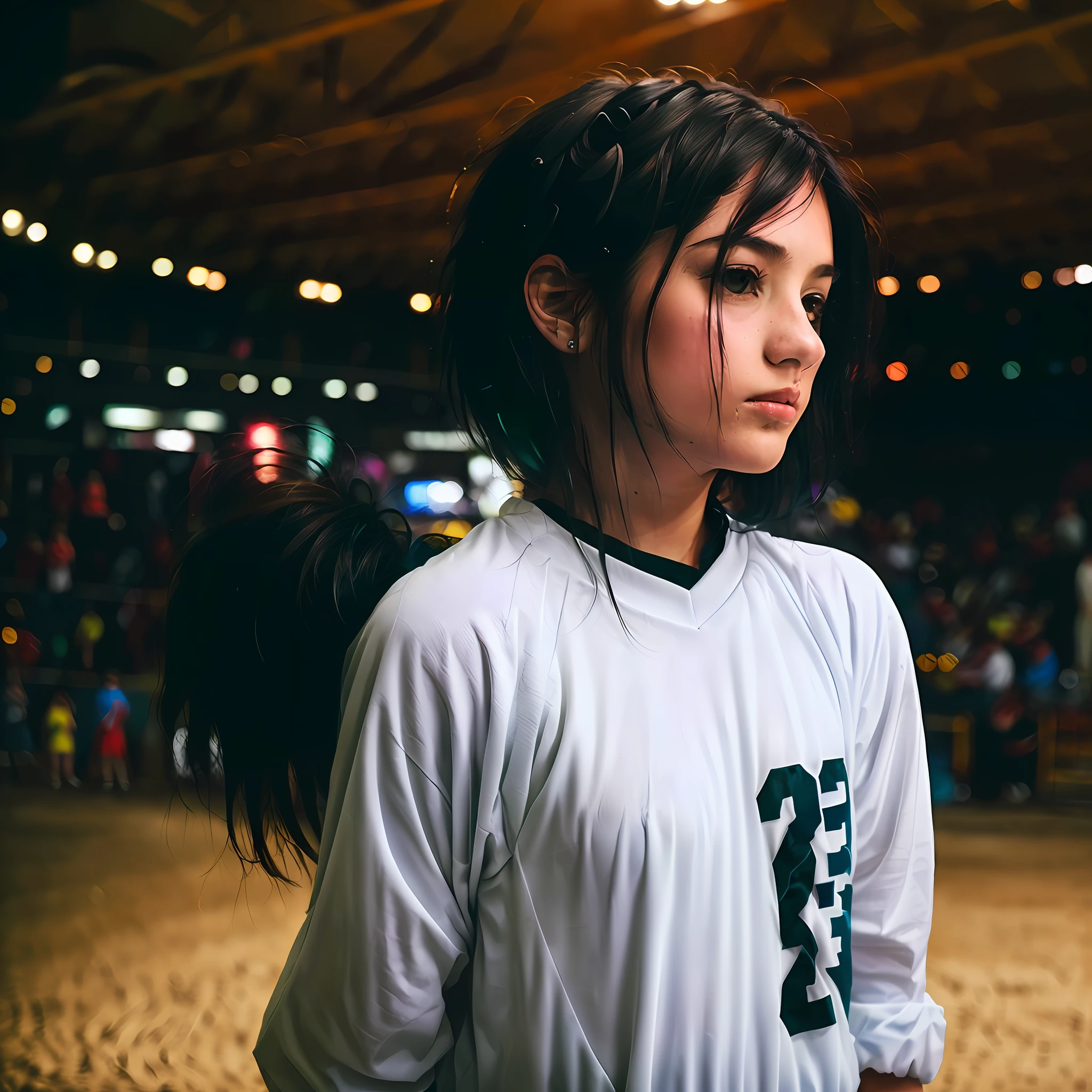 schoolgirls,Wearing a white number 23 James jersey,In the indoor arena,Shooting,Hair coiled,black color hair --auto