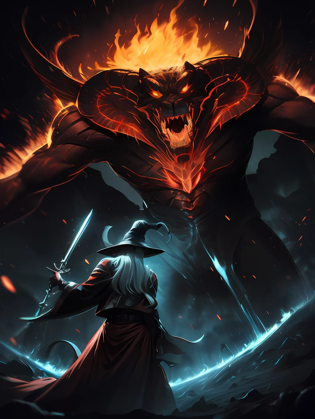 Obra prima, photo-realistic, melhor qualidade, obra-prima, super high res, texturas realistas, reflected lighting, volumeric lighting, cores vibrantes, Sombras realistas, 8k, HD. cinematic art. Gandalf vs Balrog. arte epica, altamente detalhado, rosto detalhado, intrincado, vivid colors. Black background with cinematic flames.