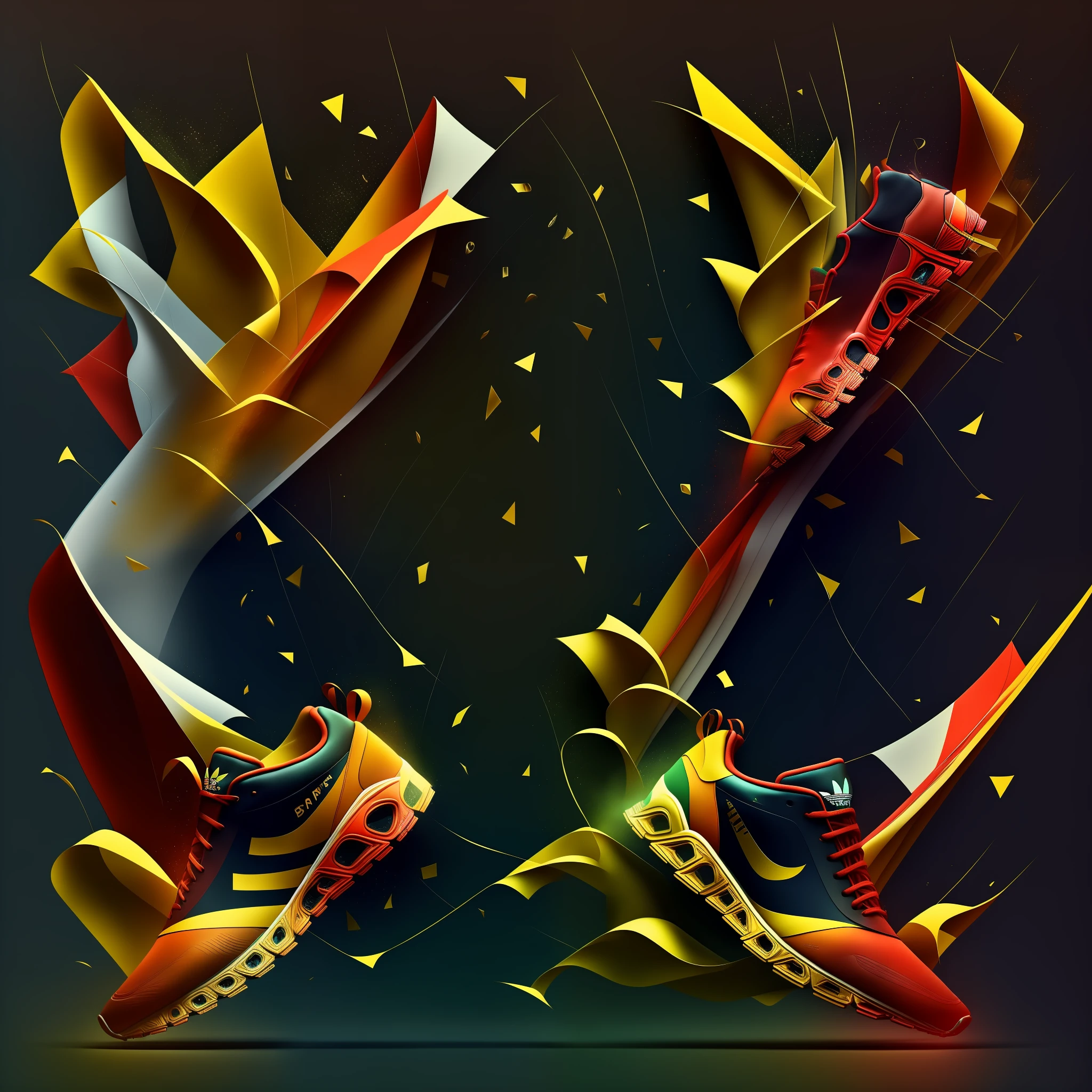 sapatoai, sneaker, adidas, sapatilha, sapato, um par de sapatos com uma folha em cima, obra prima; behance hd, Powerful explosions Brazil's flag in the background