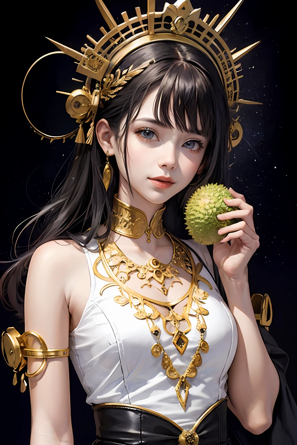 (masterpiece, top quality, best quality, official art, beautiful and aesthetic:1.2), (2girl holding durian), extreme detailed,colorful,highest detailed, official art, unity 8k wallpaper, ultra detailed, beautiful and aesthetic, beautiful, masterpiece, best quality, (zentangle, mandala, tangle, entangle) ,holy light,gold foil,gold leaf art,glitter drawing, PerfectNwsjMajic