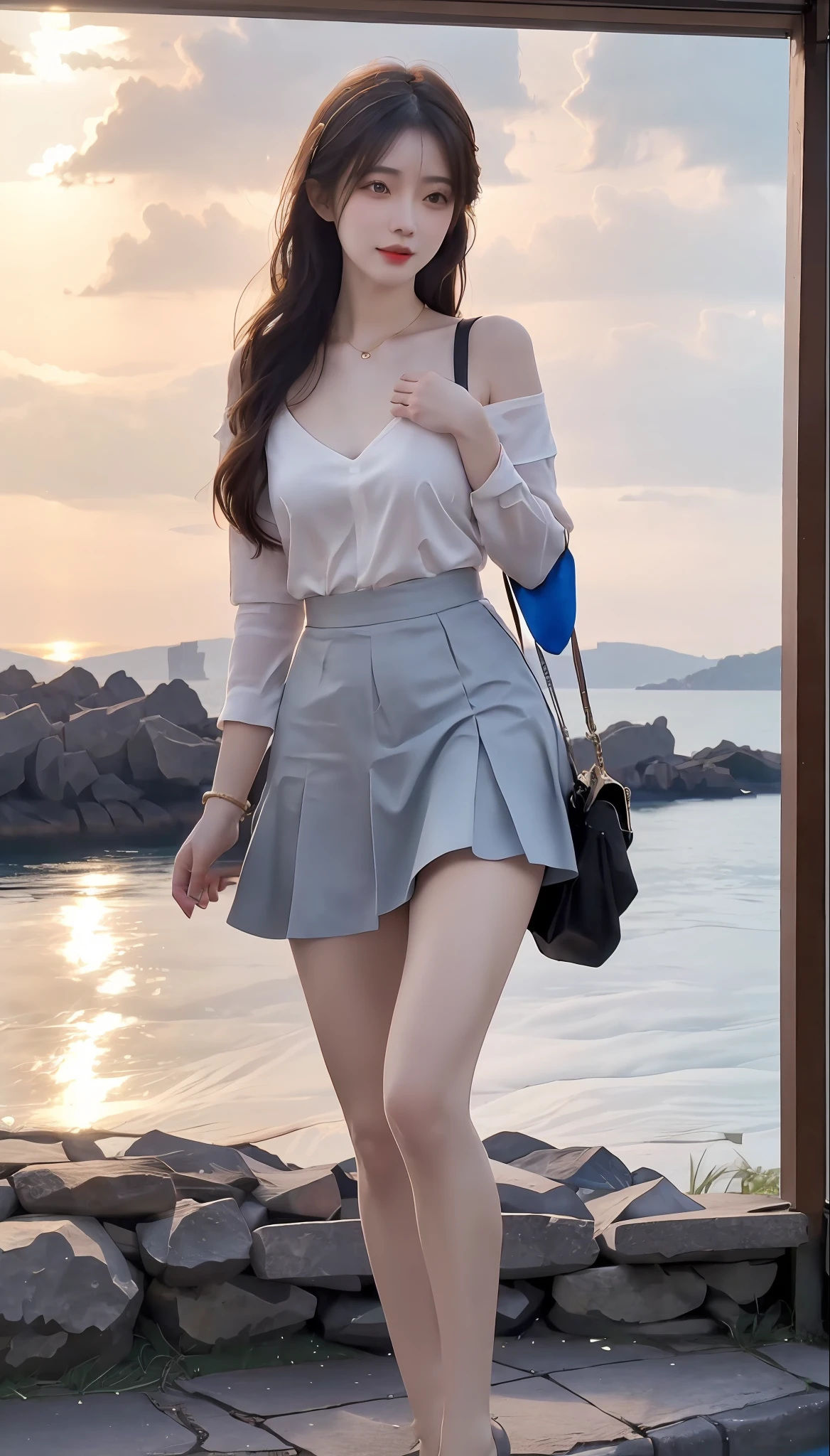 masterpiece,best quality,official art,in focus，Full body photo(FLS)，FHD,1080P,2K,4K,8K，Mind-bSoft illuminationlowing Details，Unfathomable，Leica camera，Full Length Shot(FLS)，cute，Golden Ratio，Soft illumination，absorbing。ultra detali，extremely detaile，Beautiful Meticulous Girl，1girll，（perfect female shape），full bodyesbian，a skirt，Long legs，No chest is exposed，Long curly yellow hair，The background is by the sea。