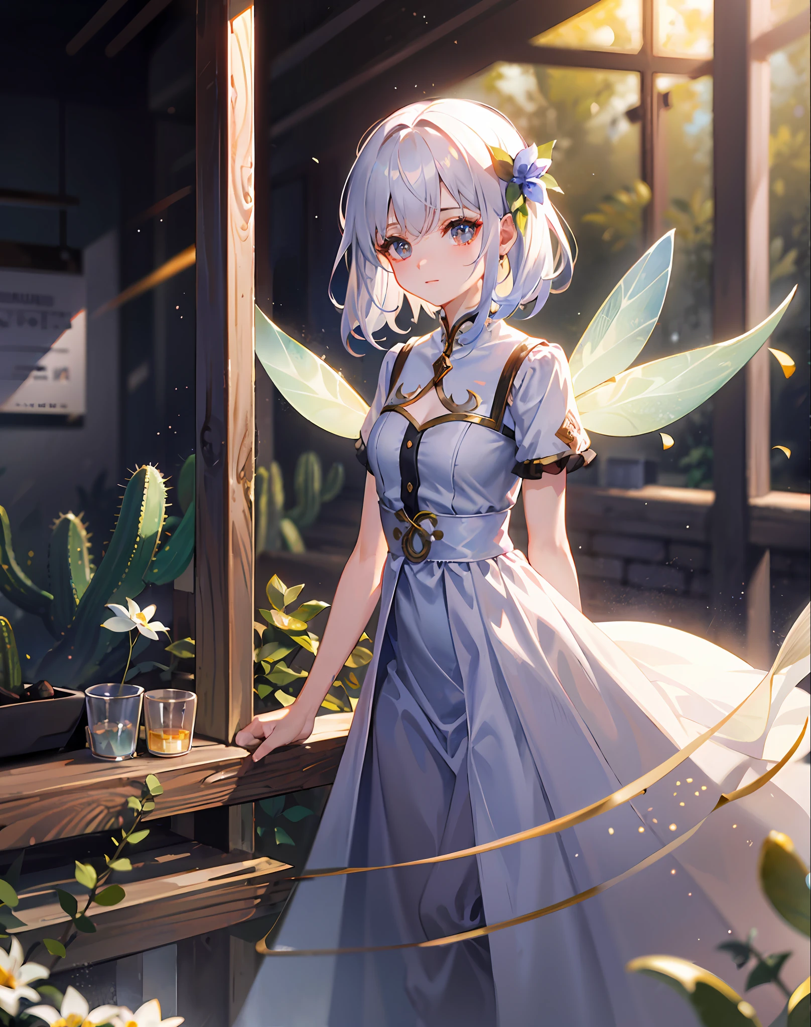 "{{Temple-level}},Best Picture Quality,Ultra HD 8K CG wallpaper,Warm light source,Glass-like reflection,A stunning white dress,Fairy ethereal,Beautiful cactus flowers,The background is blurred out,Golden light spots,be vividly portrayed,A little mournful,frontage,Tranquility and nature。"