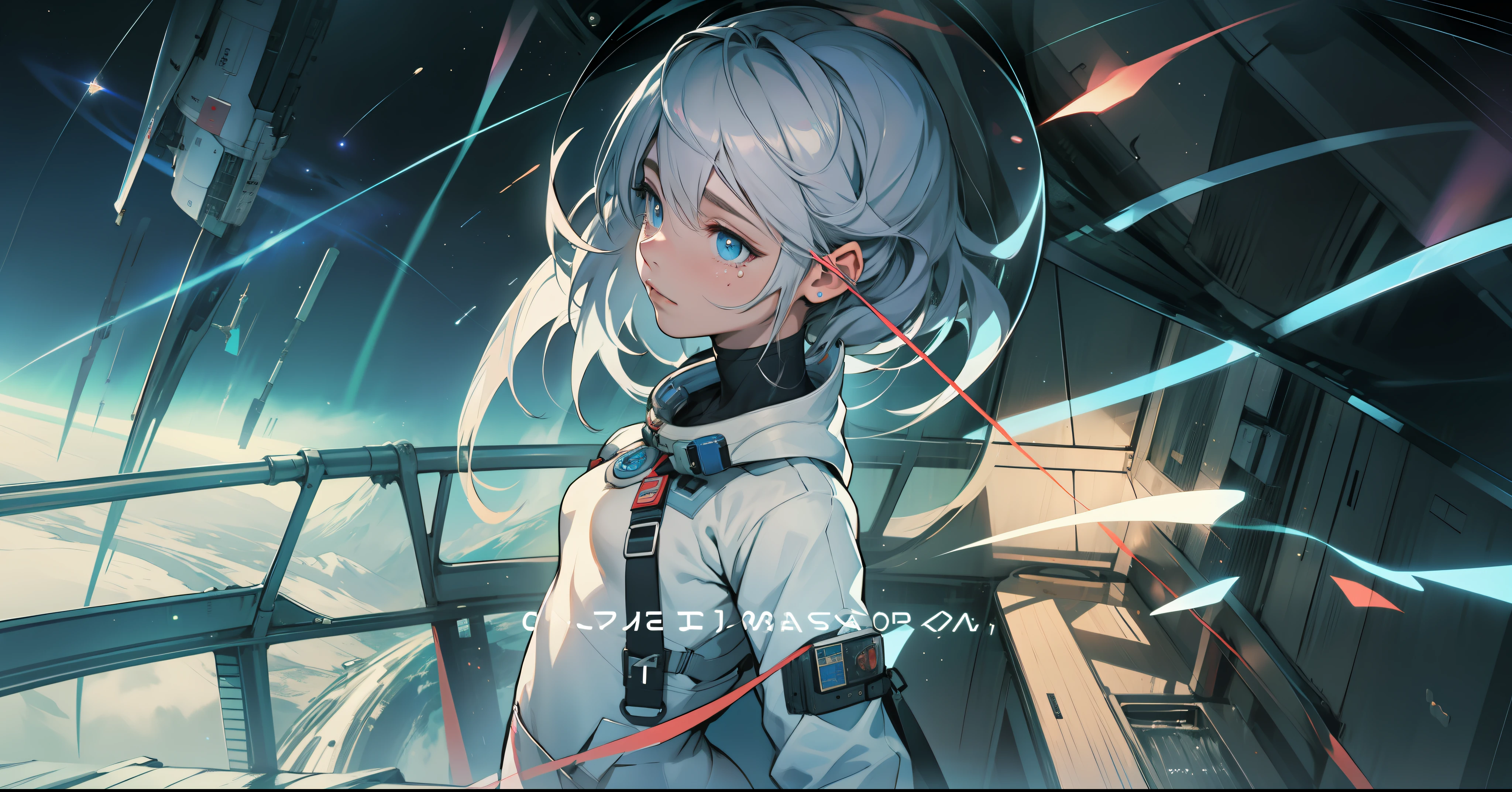 A young girl wanders through the universe,Wearing a white spacesuit,Eyes look at the earth and shed tears,