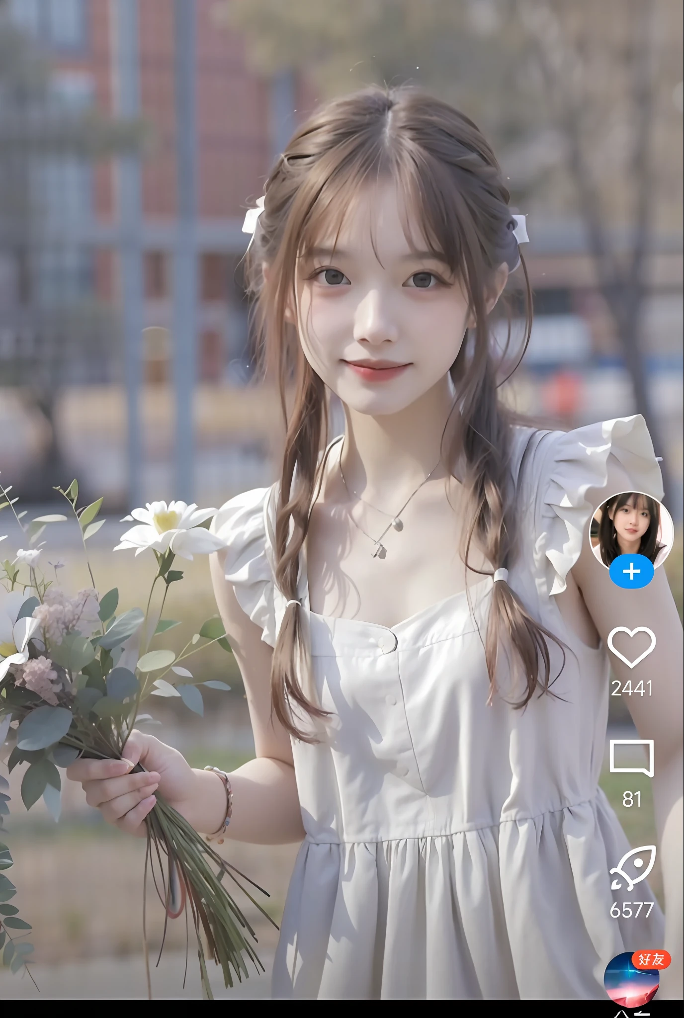 a close up of a person holding a bunch of flowers, 8K Artgerm bokeh, 8k selfie photograph, Ruan cute vtuber, ulzzangs, portait photo profile picture, aesthetic cute with flutter, with cute - fine - face, Soft portrait shot 8 K, Guviz, trending on cgstation, very beautiful cute catgirl