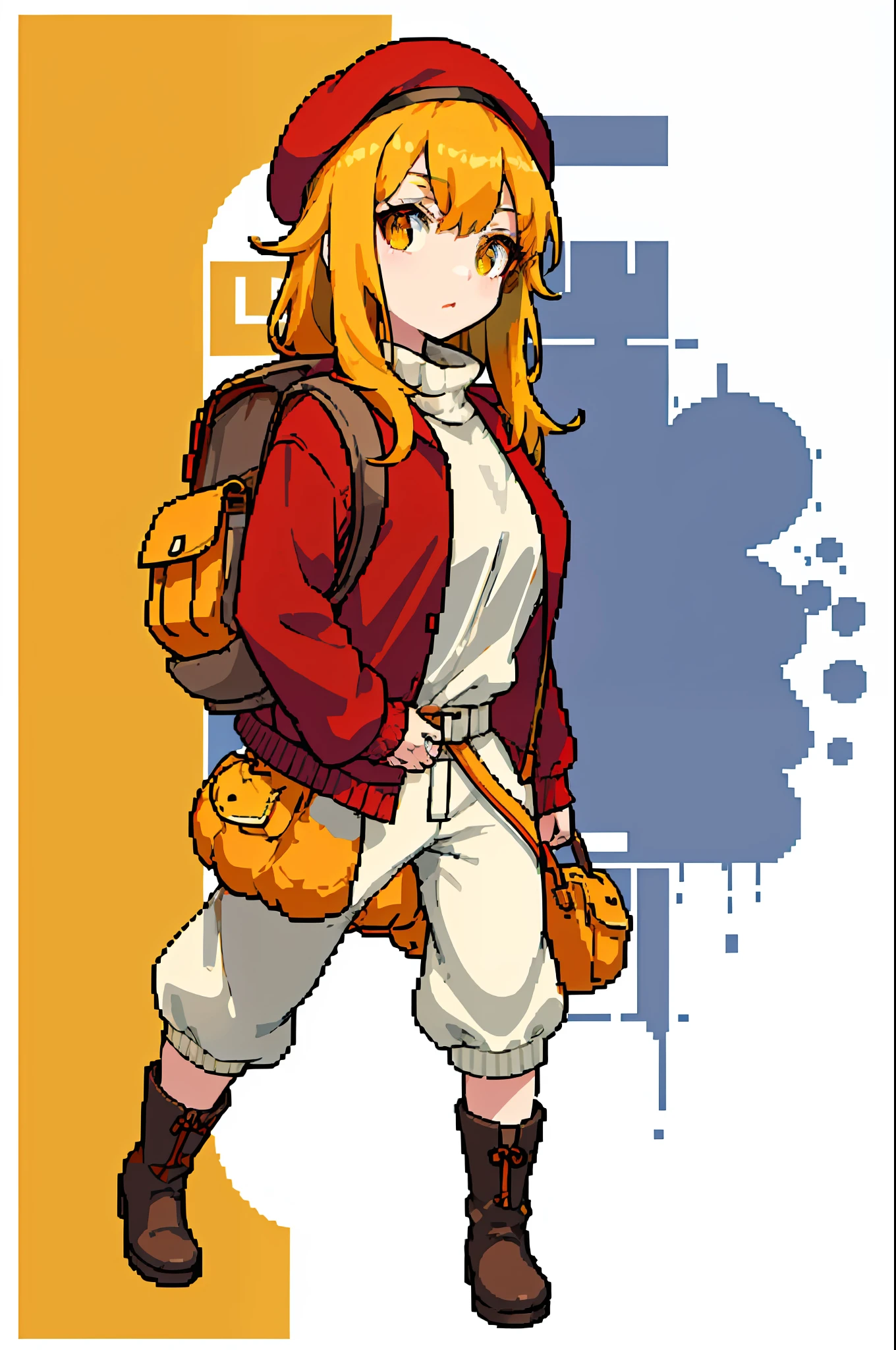 Yellow hair,red beret,Reddish to orange-colored eyes,Red dress,Cream white pumpkin pants,Carrying a brown backpack,Brown boots,Off-white over-the-knee socks