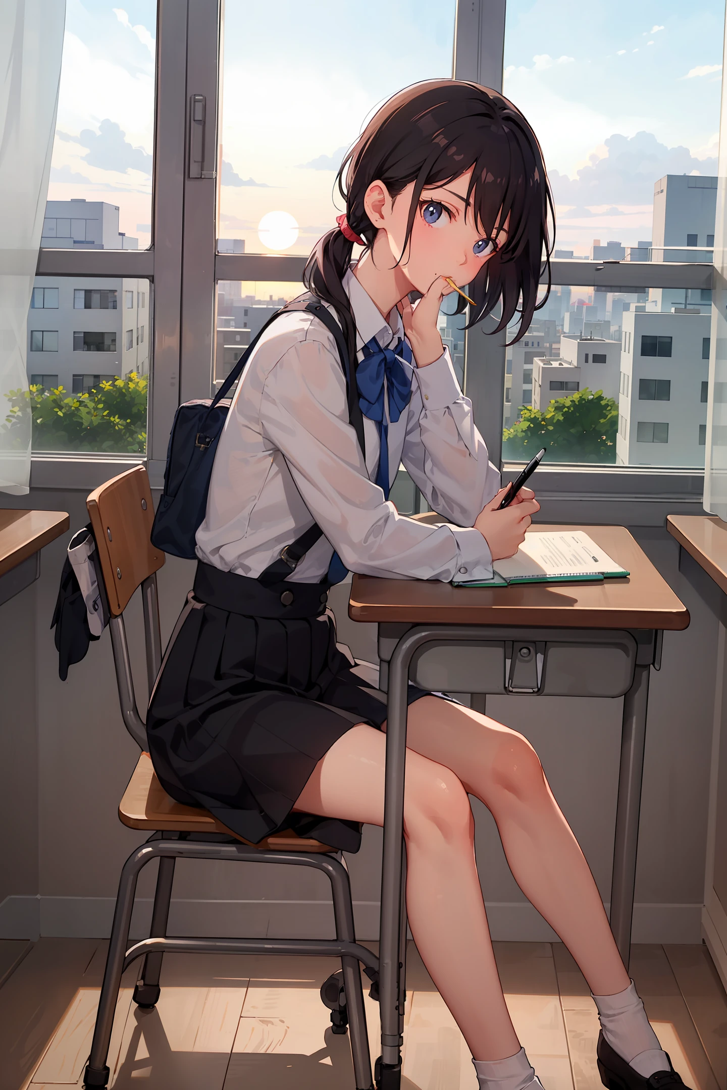 In the setting sun, a girl sits by the window of the classroom and looks up，Poke the 'pen in your mouth，He was wearing a white shirt