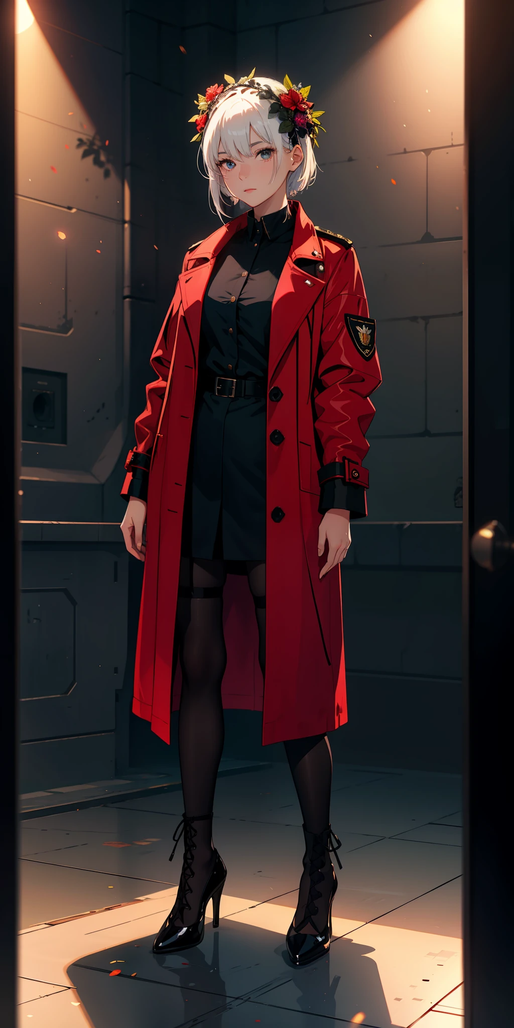 1girll,white color hair,Wear a black flower on your head,Wearing a black gauze tights,Wear a black wristband,Black lace-up heels,Wearing a black military uniform overcoat,The inside of the coat is red,perfectly proportioned, Cinematic lighting, filmgrain, Fujicolor, lightand shade contrast, 8K, 巨作, Textured skin, Super detail, hoog detail, High quality, A high resolution,