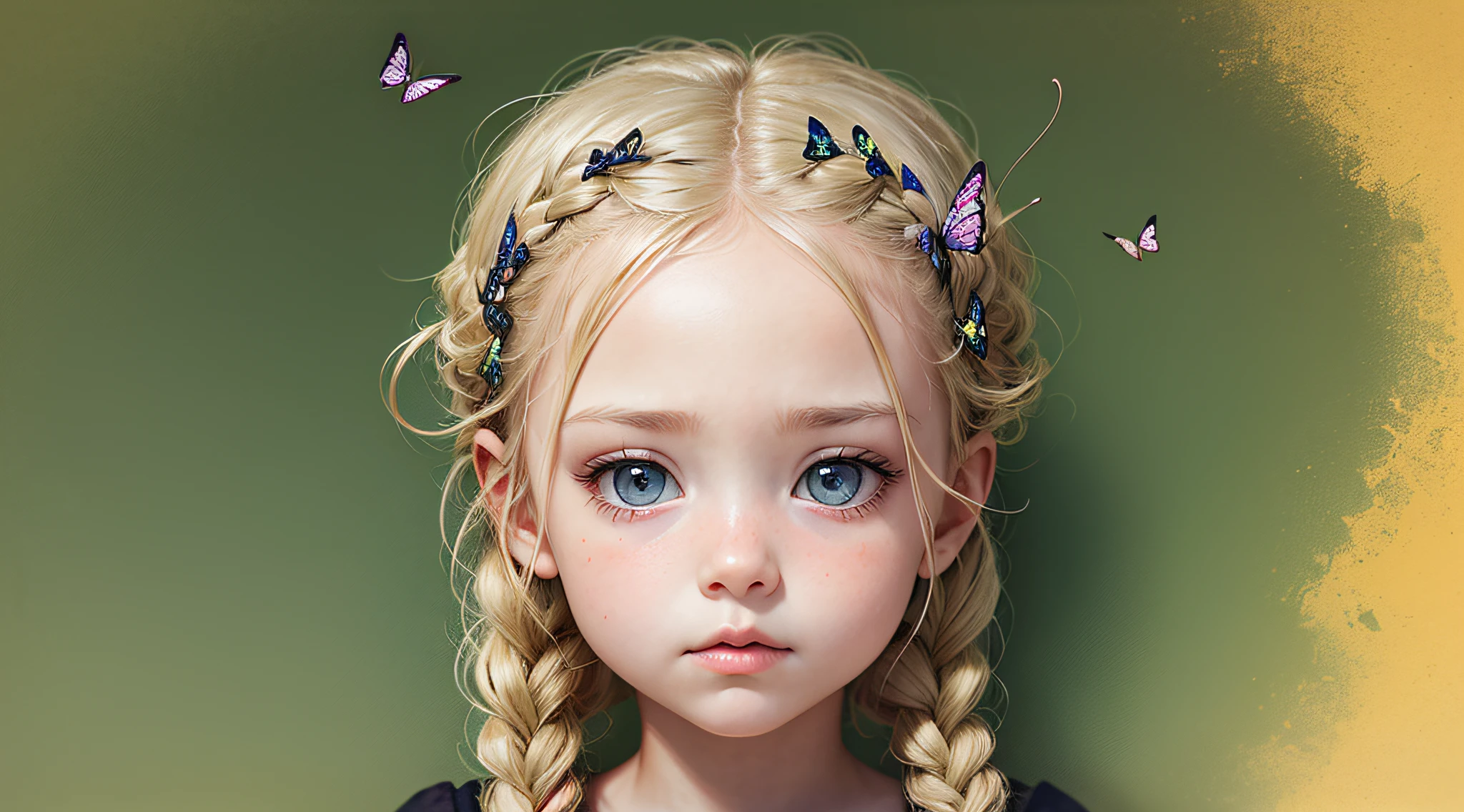 1CHILD GIRL, retrato , (BUTTERFLY ON HEAD IN BLONDE BRAIDS ), olhos vermelhos brilhantes.