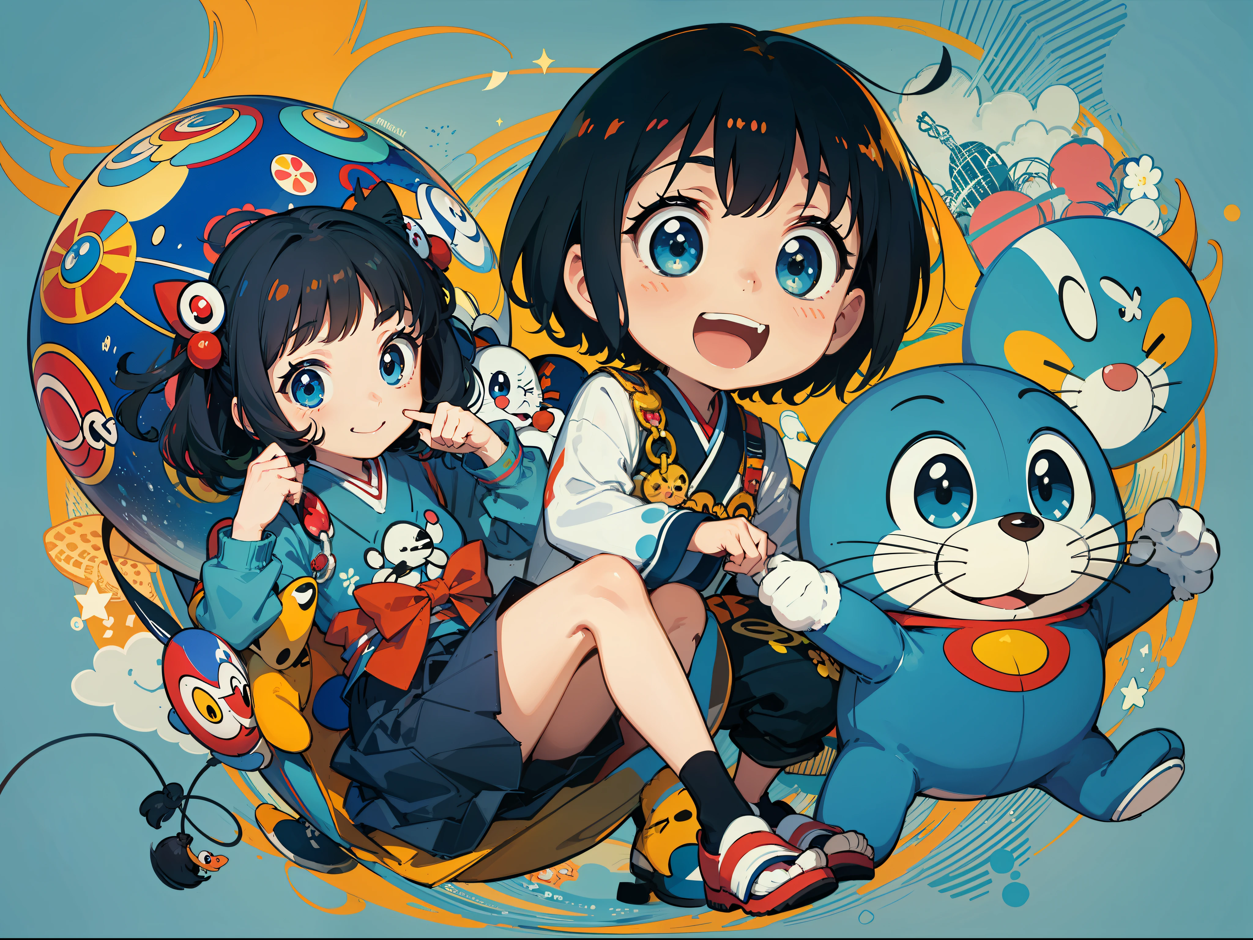 cartoon character, Doraemon, japanese mascot, by Murakami, author:Murakami Kagura, takashi murakami art style, 😃ssmile,