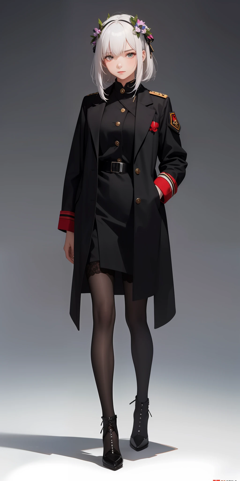 1girll,white color hair,Wear a black flower on your head,Wearing a black gauze tights,Wear a black wristband,Black lace-up heels,Wearing a black military uniform overcoat,The inside of the coat is red,perfectly proportioned, Cinematic lighting, filmgrain, Fujicolor, lightand shade contrast, 8K, 巨作, Textured skin, Super detail, hoog detail, High quality, A high resolution,