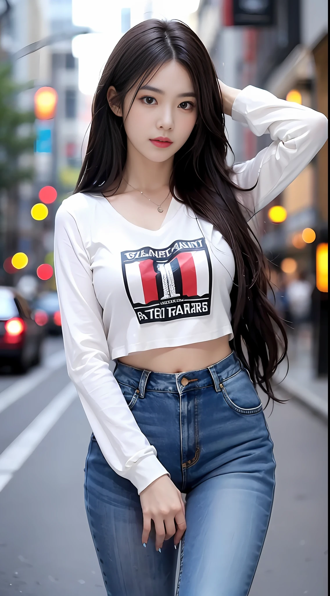 ((realistic illumination,Top Quality,8K,tmasterpiece:1.3)),Clear focus:1.2,1个Giant Breast Girl,perfect figure beautiful woman:1.4,,((Long blue curly hair,large pubis hair:1.3)),(Acceleration:1.4),(exteriors,the night:1.1),the street,Slender face,Long narrow eyes,二重まぶた,The are exposed,Incredibly Ridiculous res,dishevelled hair,Floating hair,(Yellow long-sleeved T-shirt,Extra-short jeans,:1.2)Fashion model pose,