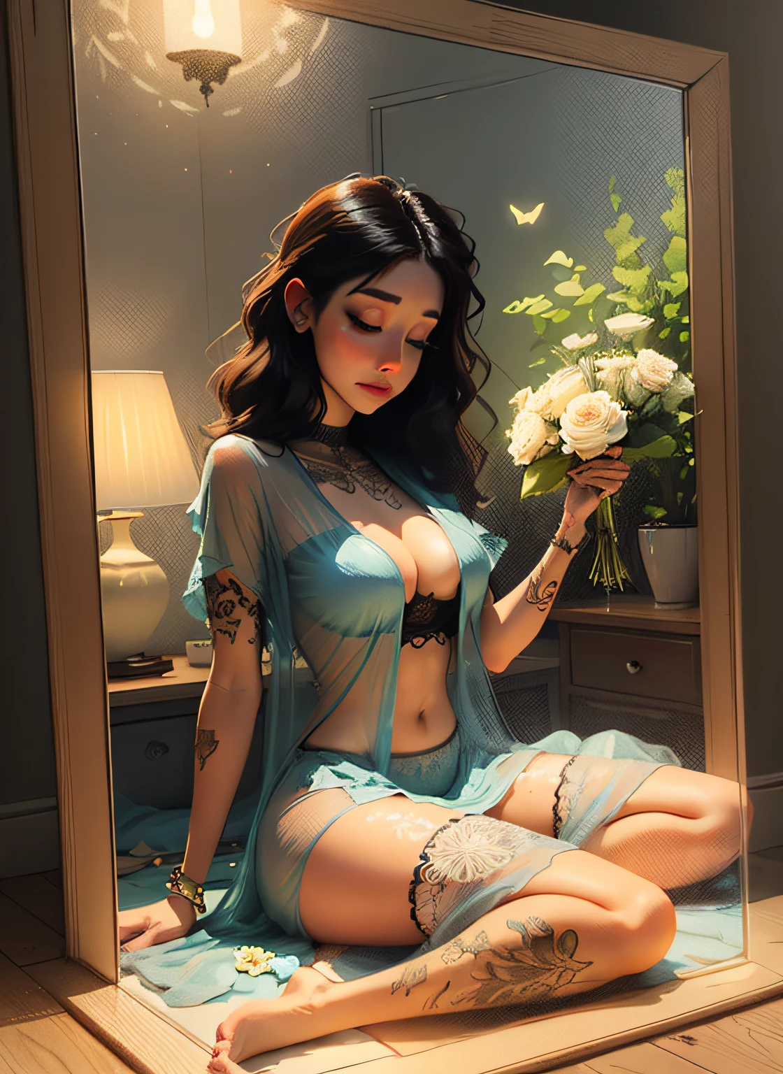 1sexy girl with forest clothes, flowers, leaves, mandalas, fractal,, Sleeping Beauty, by Bella🦋 full body, beautiful girl sleeping, room with mirror, girl sleeping on bed and sheets, old clock and lamp on table, full body, black hair, Transparent clothing,open legs, view of pubic hair, exy girl in transparent forest clothes,exposed breasts, open transparent t-shirt,mandala and flower tattoos, La mejor calidad, Obra maestra, llustration, muy delicado y hermoso, muy detallado, CG, Unidad, Fondo de pantalla de 8k, ridiculous, huge filesize, lente muy ancha, Luz suave,Sleeping Beauty, by Bella🦋 full body, beautiful girl sleeping, full body, black hair, Transparent clothing, slight smile,, open legs, view of pubic hair, 1 s girl in transparent forest clothes,exposed breasts, open transparent t-shirt,mandala and flower tattoos, La mejor calidad,