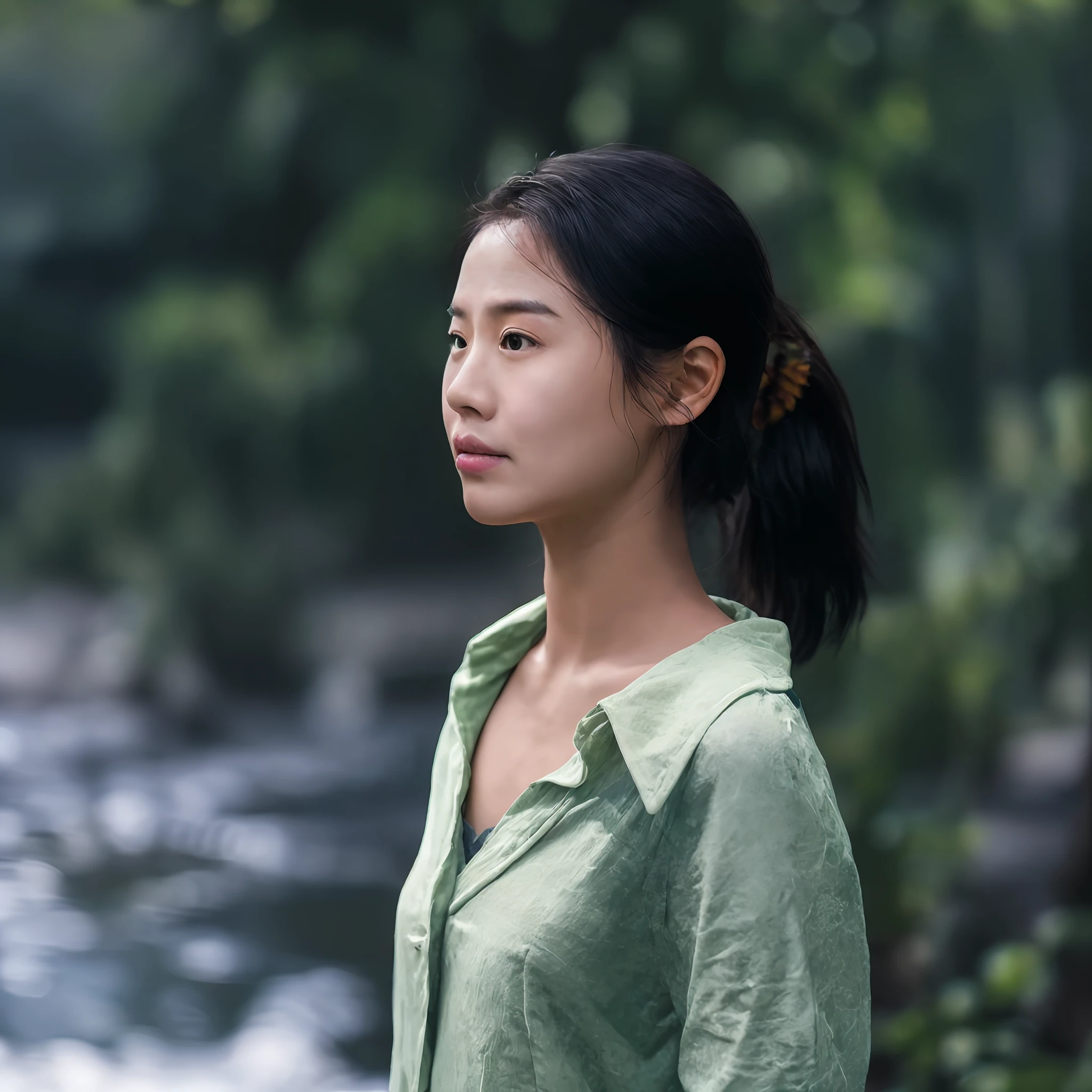 there is a woman standing in front of a river with a frisbee, A young Asian woman, An Asian woman, Young Asian woman, woman's face looking off camera, Young Asian girl, vietnamese woman, Chinese woman, 7 0 mm portrait, photograph of a woman, cover photo portrait of du juan, young woman looking up, side profile centered portrait, 60mm portrait