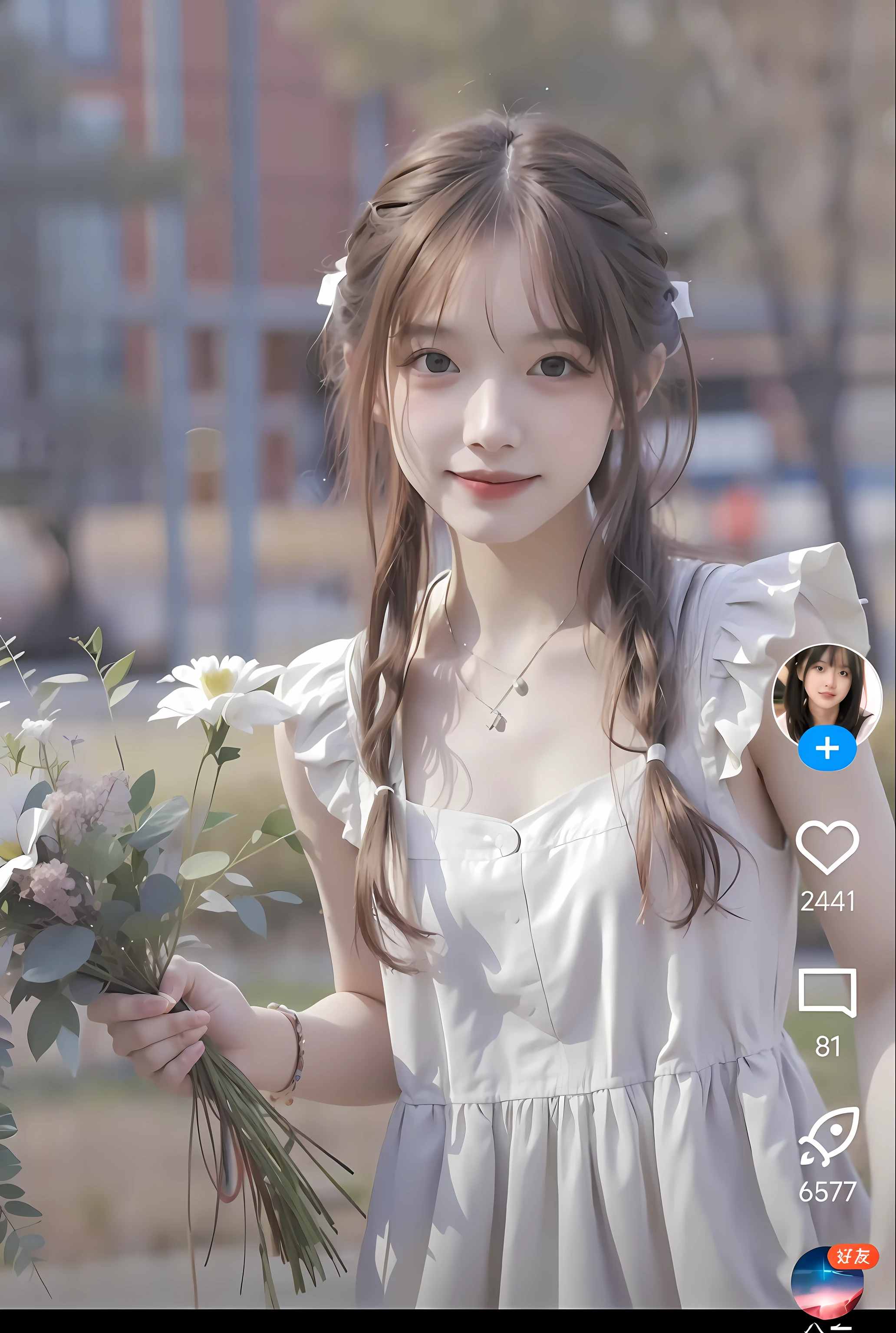a close up of a person holding a bunch of flowers, 8K Artgerm bokeh, 8k selfie photograph, Ruan cute vtuber, ulzzangs, portait photo profile picture, aesthetic cute with flutter, with cute - fine - face, Soft portrait shot 8 K, Guviz, trending on cgstation, very beautiful cute catgirl