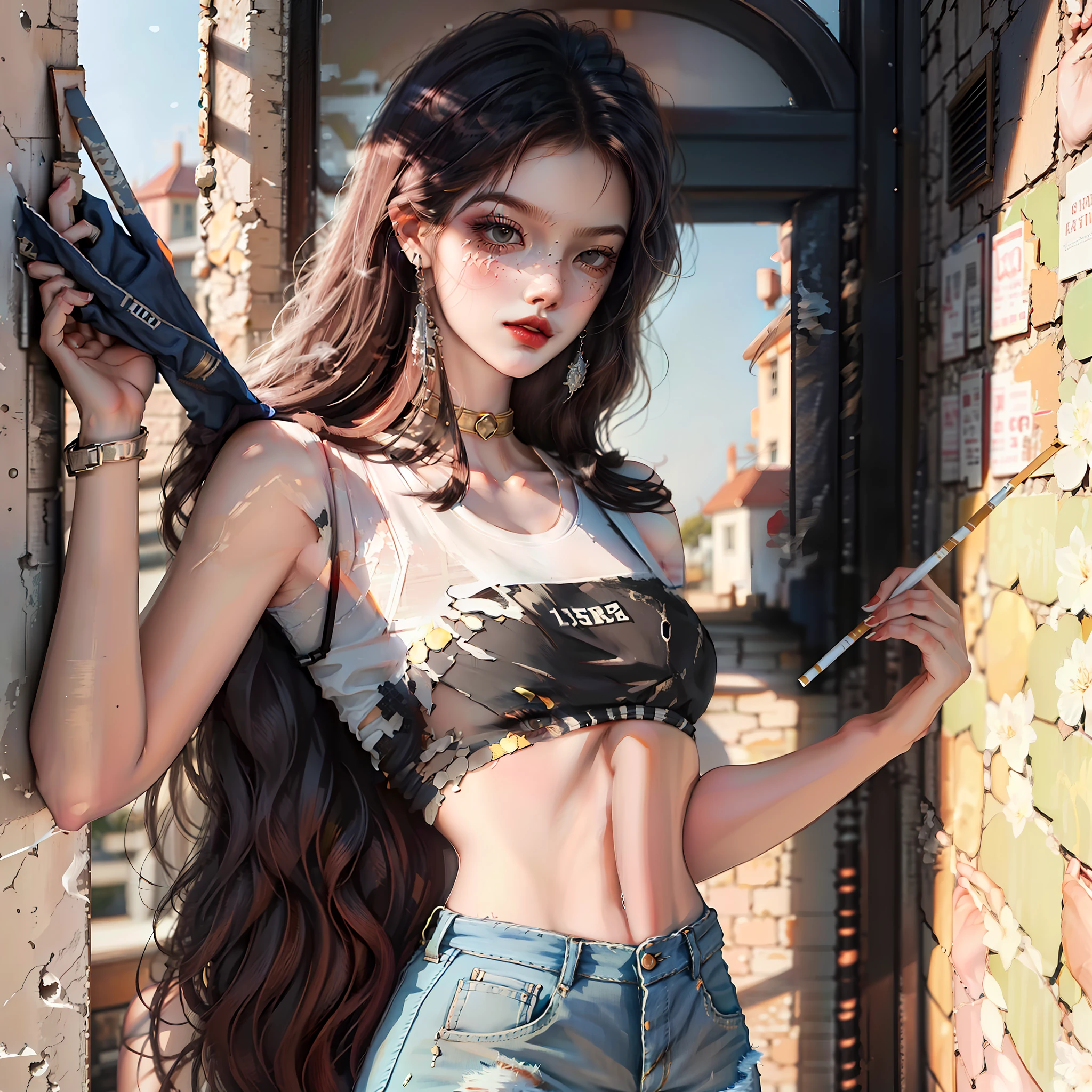 Refined face，18-year-old girl，Stand against the wall，Smaller bust，Crop top denim shorts，Having a cigarette