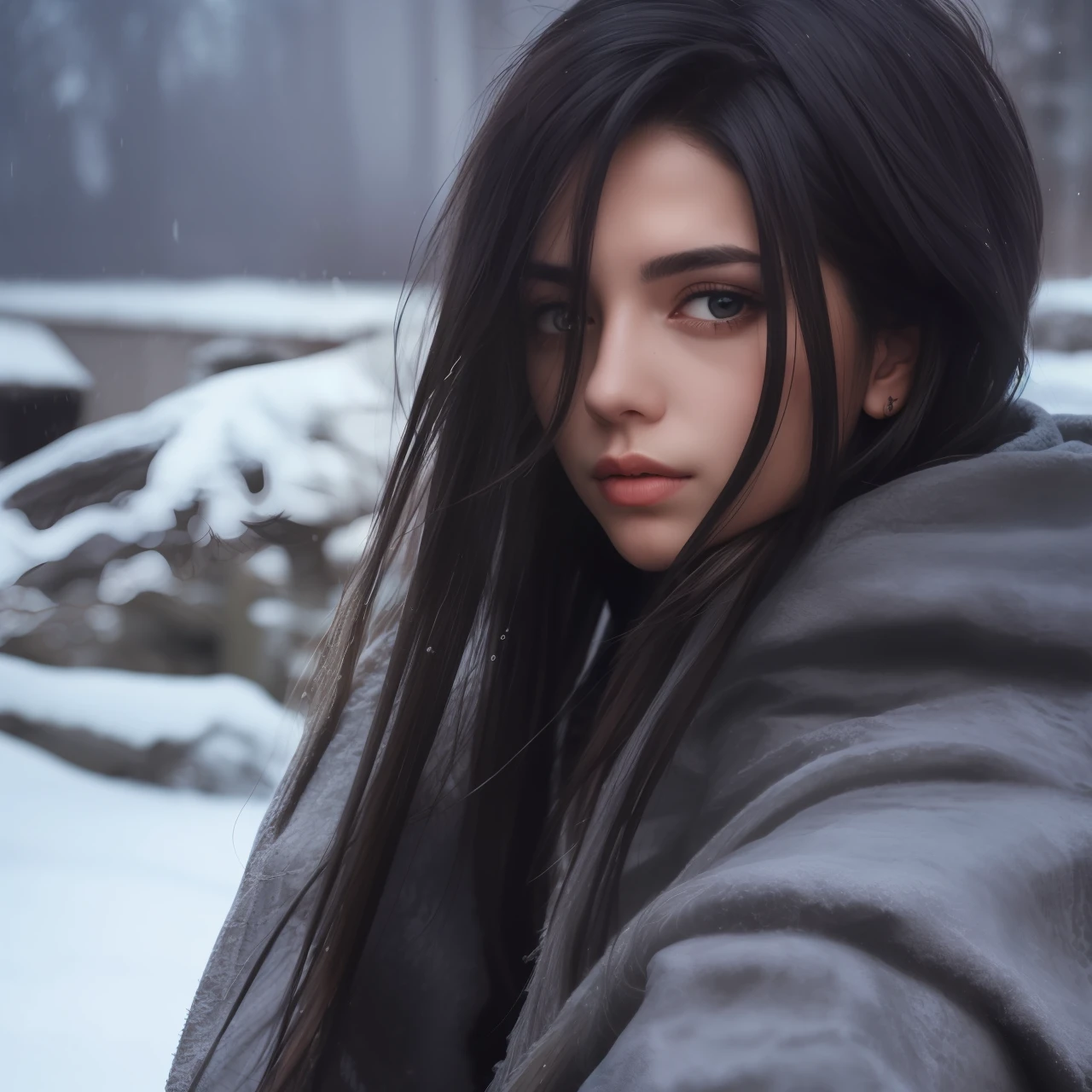 A dark-haired,Dark eyes,Cold,Charming,with long coiled hair