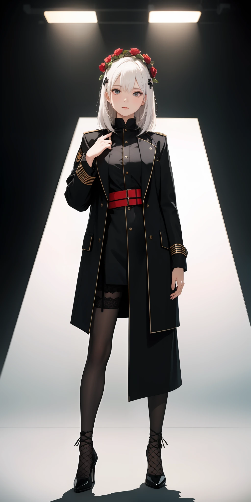 1girll,white color hair,Wear a black flower on your head,Wearing a black gauze tights,Wear a black wristband,Black lace-up heels,Wearing a black military uniform overcoat,The inside of the coat is red,perfectly proportioned, Cinematic lighting, filmgrain, Fujicolor, lightand shade contrast, 8K, 巨作, Textured skin, Super detail, hoog detail, High quality, A high resolution,
