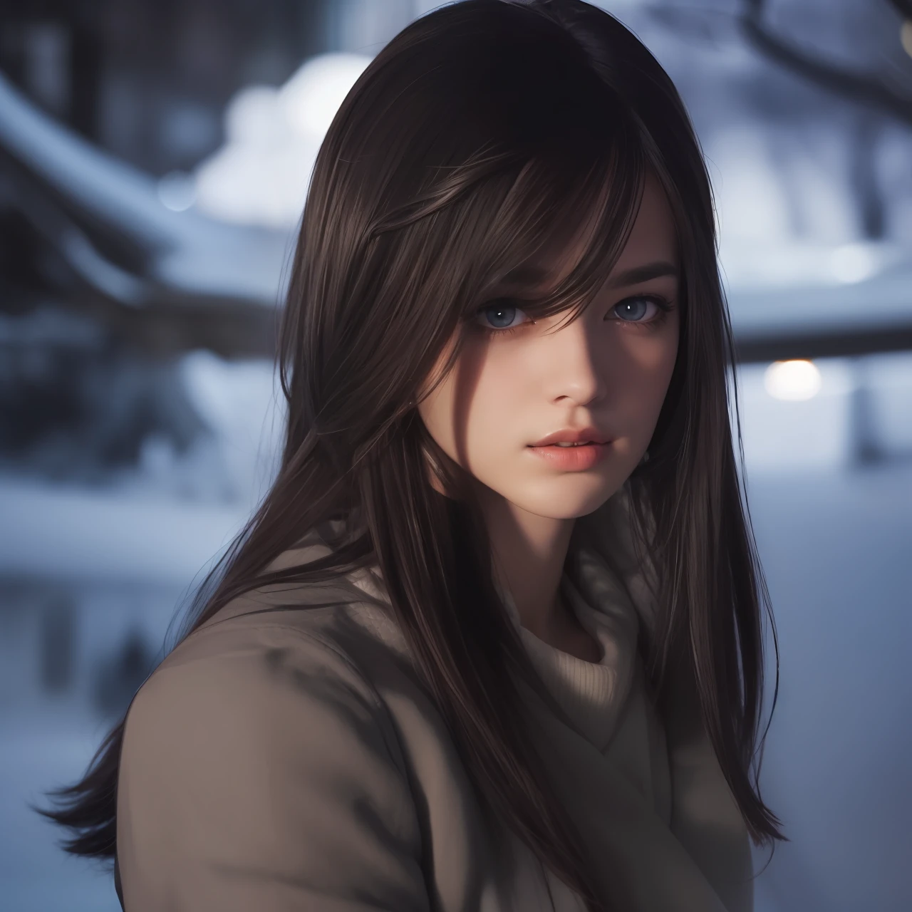 A dark-haired，Dark eyes，Cold，Charming，with long coiled hair