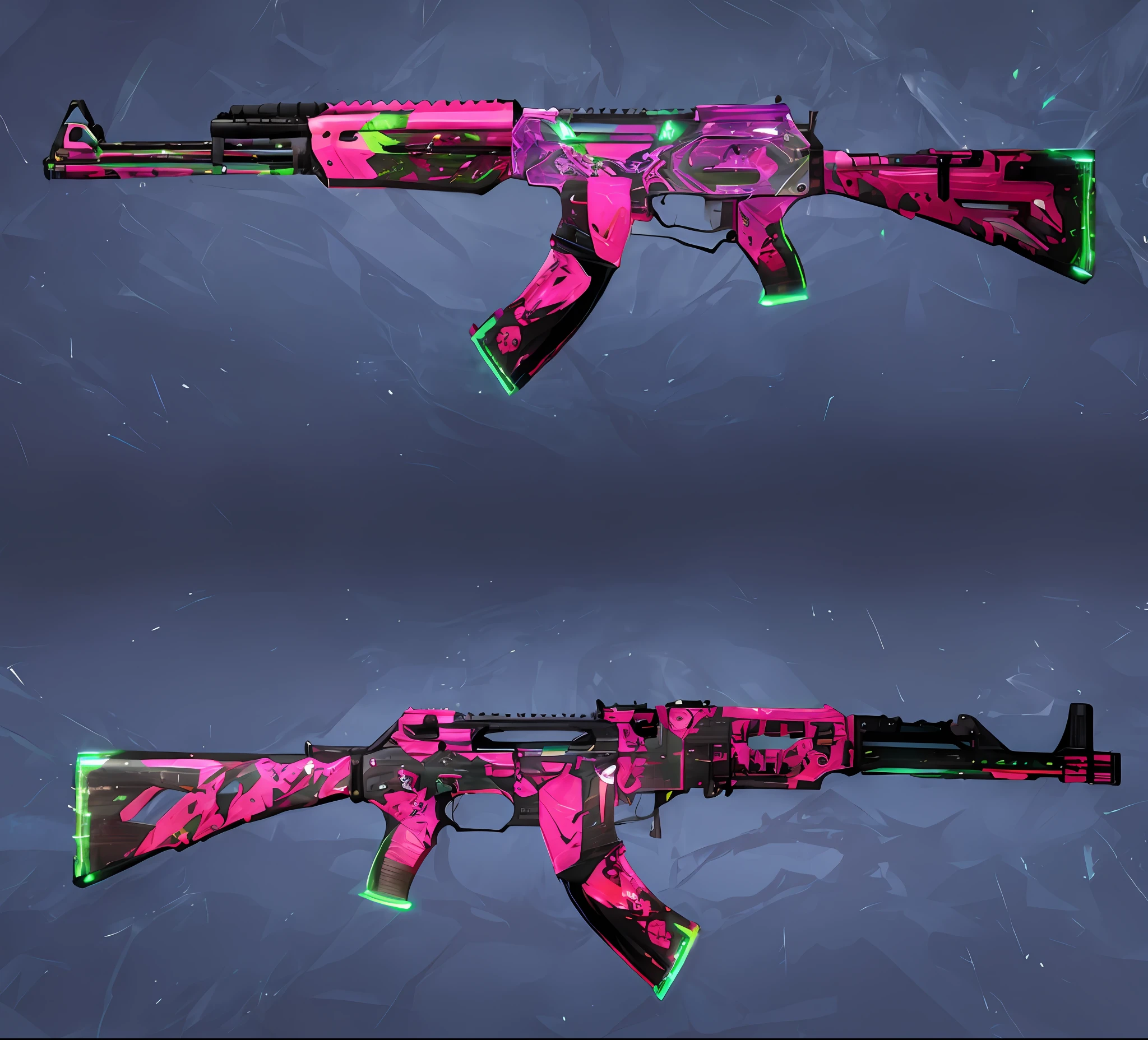 a close up of a pink and green ak - 47 rifle with a black background, fuschia skin, pulse rifle, fuchsia skin, bright fuchsia skin, smooth fuschia skin, ak 1 2, AK47, AK 4 7, translucent neon skin, AK - 4 7, alien exotic, sharp silver armor fuchsia skin,