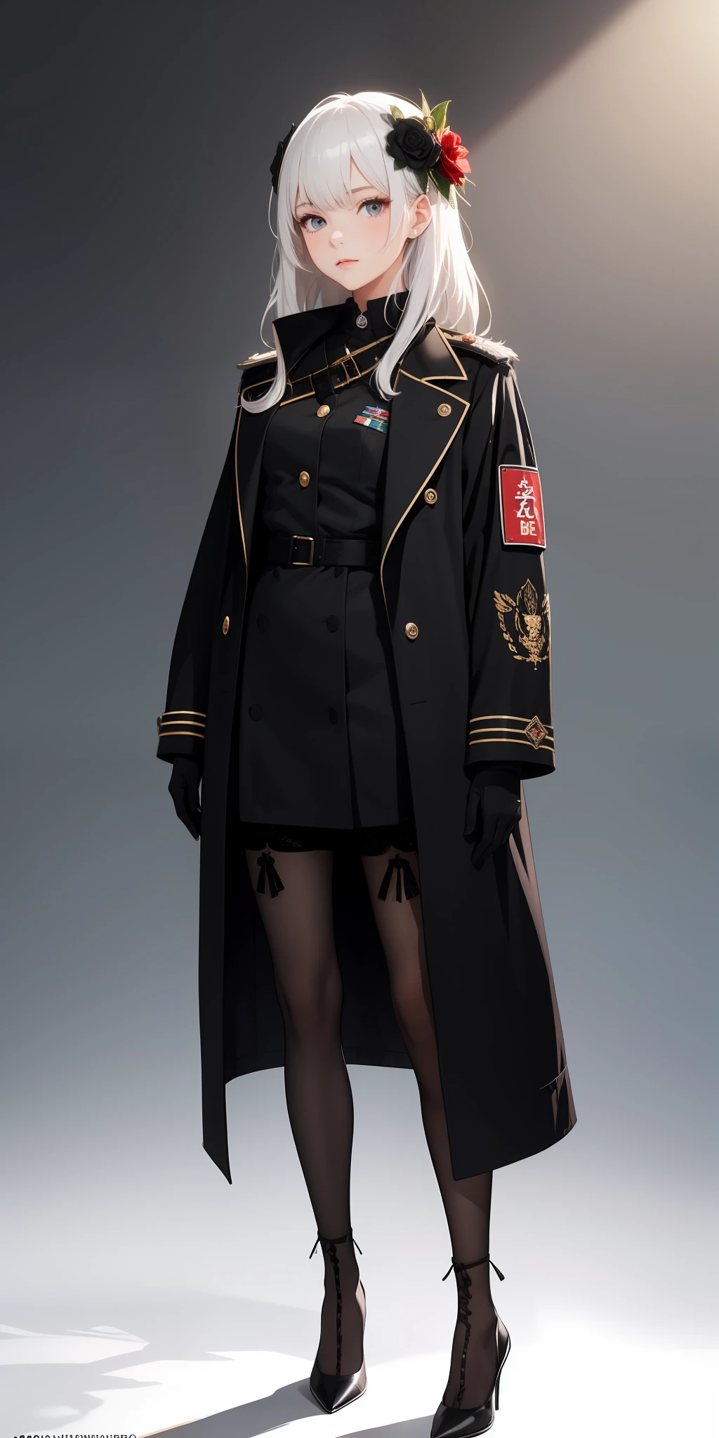 1girll,white color hair,Wear a black flower on your head,Wearing a black gauze tights,Wear a black wristband,Black lace-up heels,Wearing a black military uniform overcoat,The inside of the coat is red,perfectly proportioned, Cinematic lighting, filmgrain, Fujicolor, lightand shade contrast, 8K, 巨作, Textured skin, Super detail, hoog detail, High quality, A high resolution,