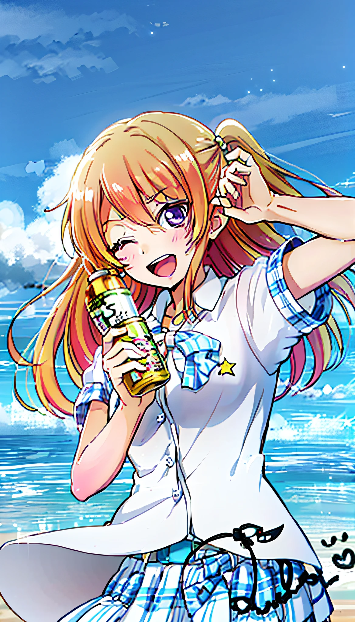anime girl with blonde hair and blue dress holding a bottle of beer, anime girls drink Energy drink, anime visual of a cute girl, Splash art anime , anime best girl, rei hiroe, shirabii, Also, Marin Kitagawa fanart, nagatoro, hololive, soda themed girl, anime girl named lucy, anime hi-fructose,hugetits,nakeness