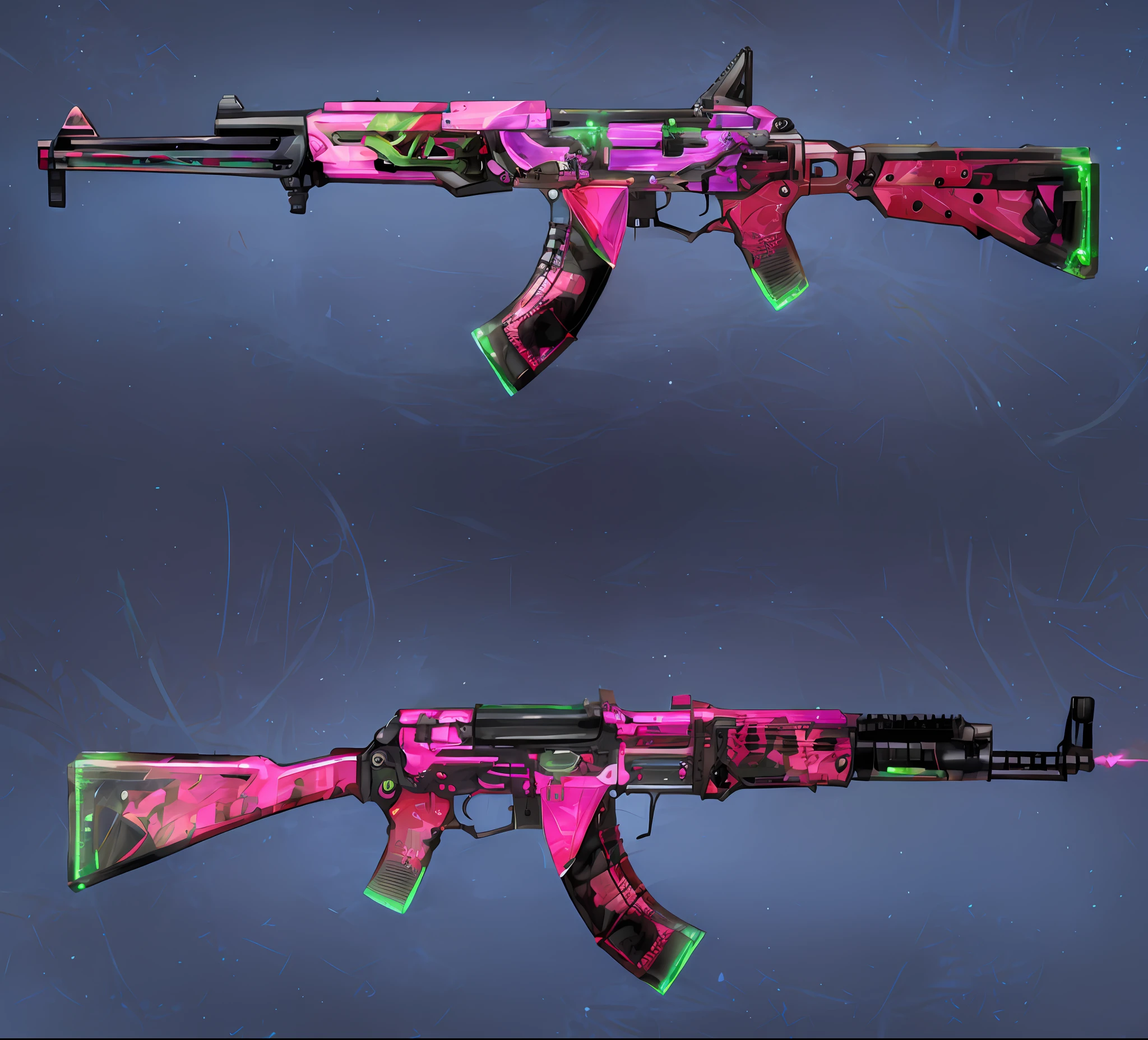 a close up of a pink and green ak - 47 rifle with a black background, fuschia skin, pulse rifle, fuchsia skin, bright fuchsia skin, smooth fuschia skin, ak 1 2, AK47, AK 4 7, translucent neon skin, AK - 4 7, alien exotic, sharp silver armor fuchsia skin,