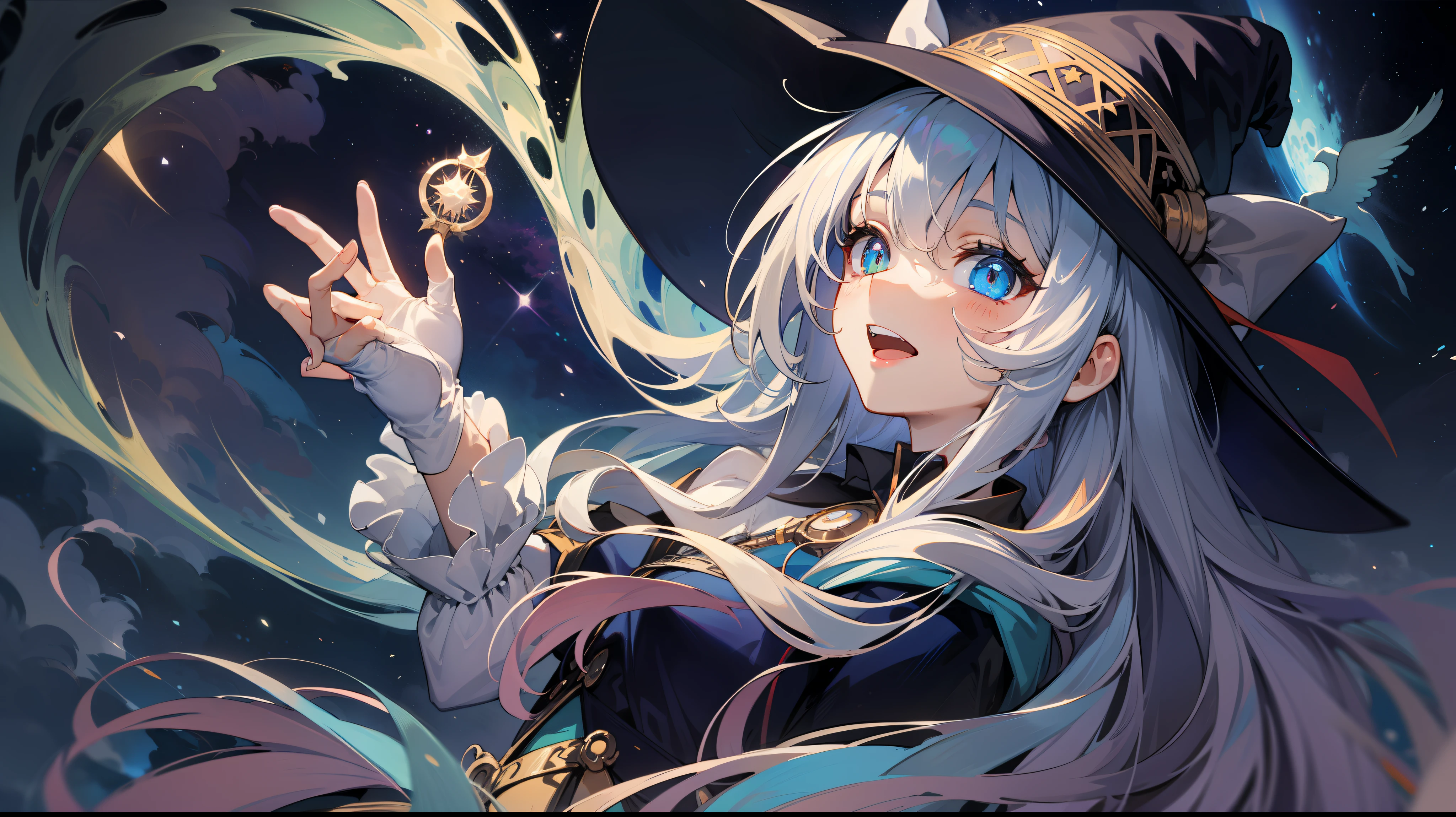 the witch,ssmile,length hair,whaite hair,Heterochromic pupils,tmasterpiece,HighestQuali,pigtails,glowing light eyes,Staff,Magic Array,White cloud sky,clear skies,suns,
