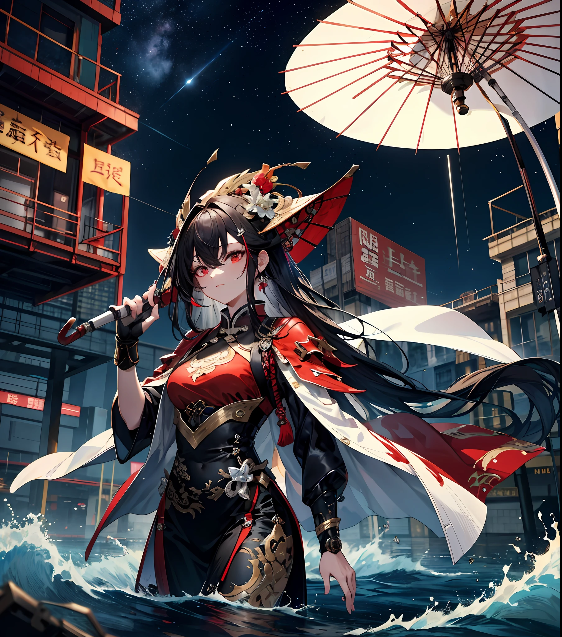 High-quality CG artwork at masterpiece level，Unusually detailed depiction of a costume dressed in retro Han elements、Elegant asian woman holding mechanical weapon with umbrella。She has long and dark hair，Covers the hair between the eyes，The red eyes have a random but attractive look，In modern wasteland buildings with ponds、Random movements are shown in the flowing water。Starry sky as the background，Brings out the unique atmosphere of the picture。