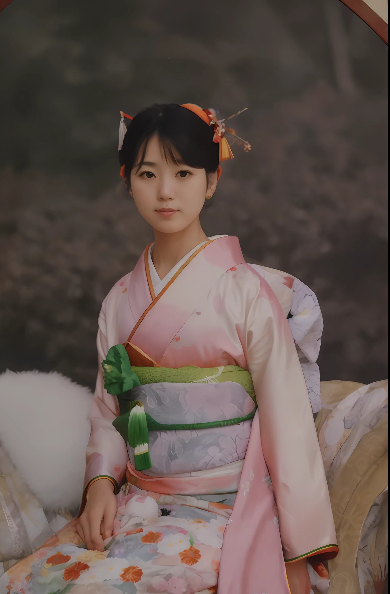 arafed woman in a kimono sitting on a chair with a teddy bear, 80's japanese photo, around 1 9 years old, Korean Woman, portrait of a japanese girl, a young asian woman, japanese lady, 90's color photo, wearing royal kimono, by Ayako Rokkaku, in a kimono, geisha photo portrait, color photograph, Traditional dress
