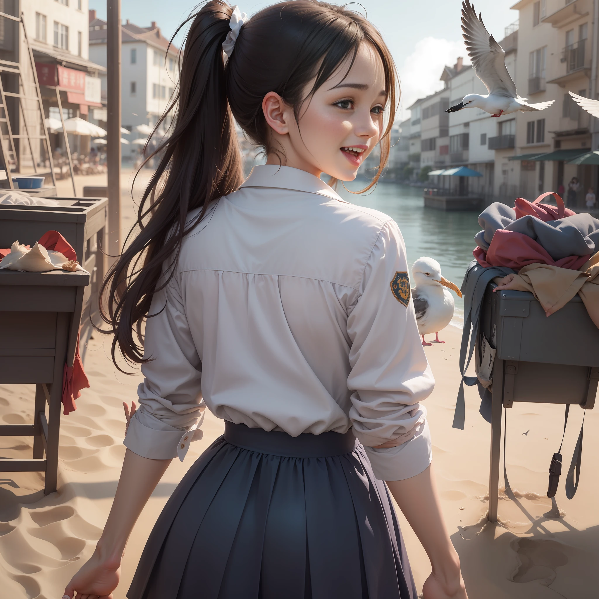 JK school uniform,Delicate facial features,Whole body curve,Long reflective legs,Bare feet on the sand,The sky is the sea,Flying is a gull,Casual living,Girl playful and laughing out loud