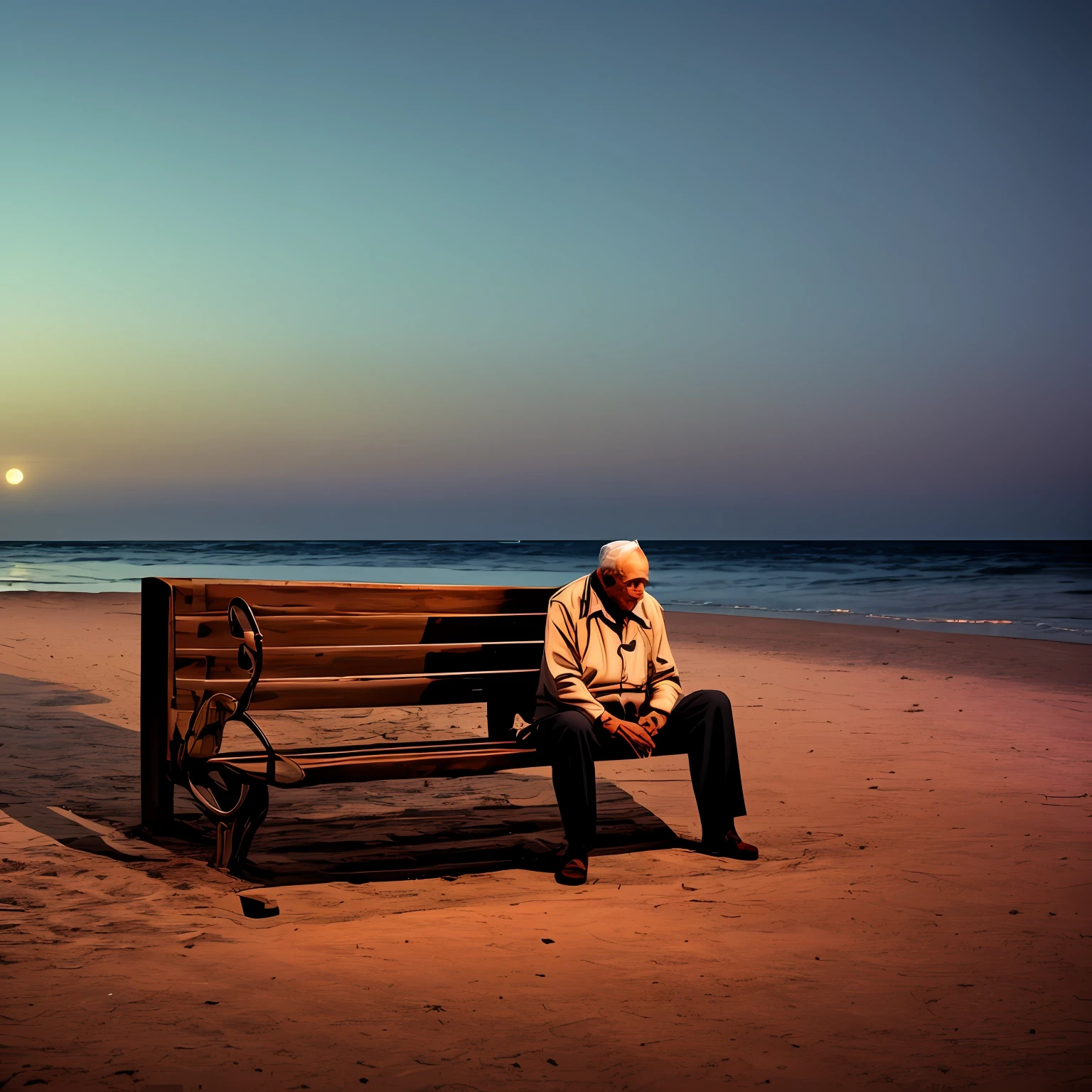 A sad picture,a old man,beachside,Loneliness at night --auto