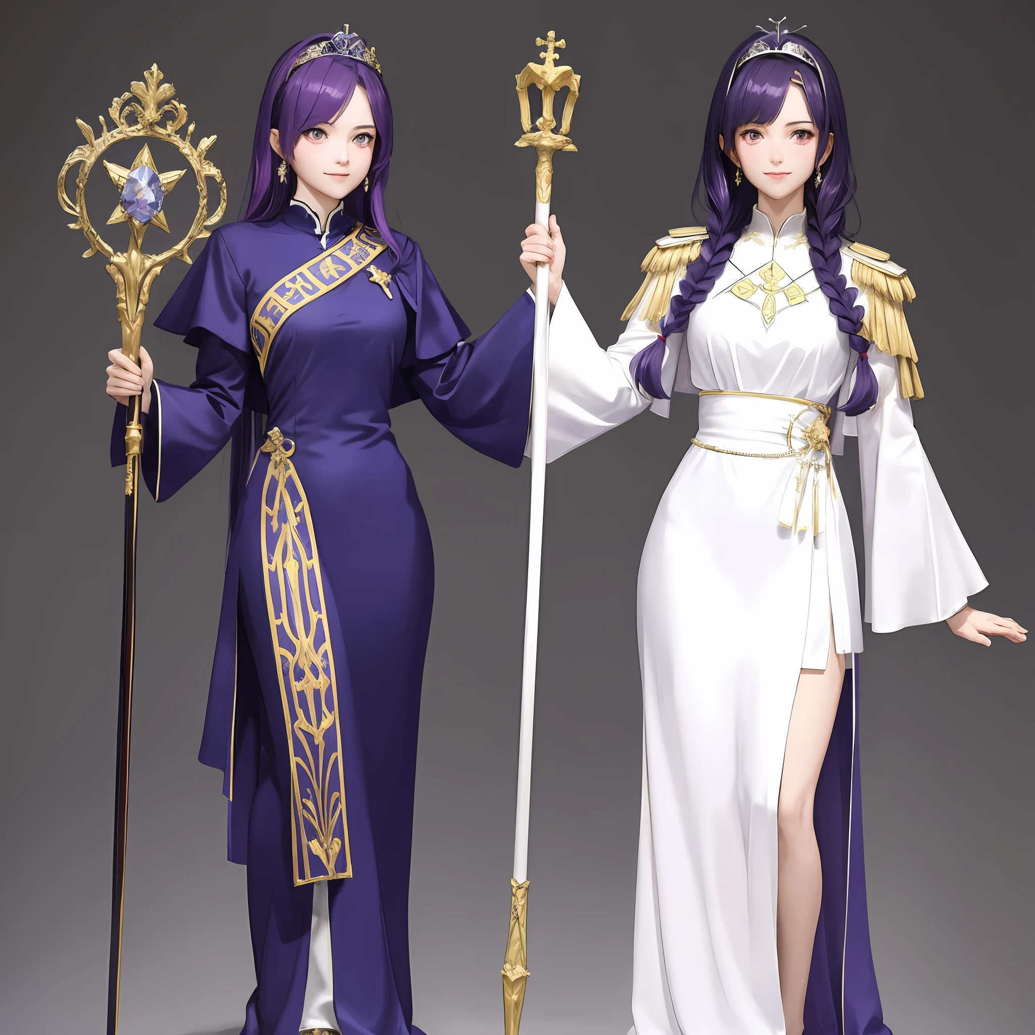 Animated works,Douluo Continent,female pope,Bibi Dong,Glamorous,Long legs,Peerless looks,Royal sister,Roman uniform,purple color hair,Pink eyes,tiara crown,Staff,mature