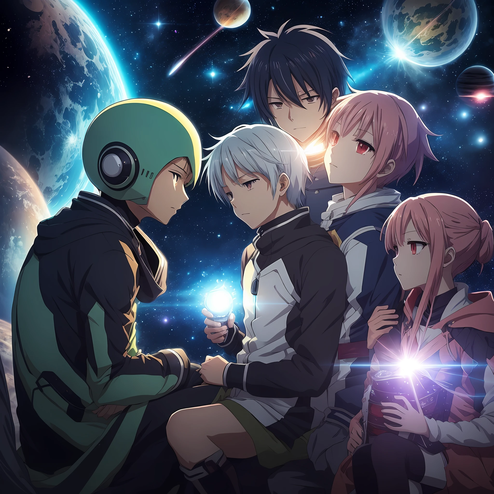 Anime characters being comforted by a humanoid being made completely of light on an alien planet with sky cosmos, Anime, Arte de Anime, manga manuscript, colorful manga, arte sem costura --auto